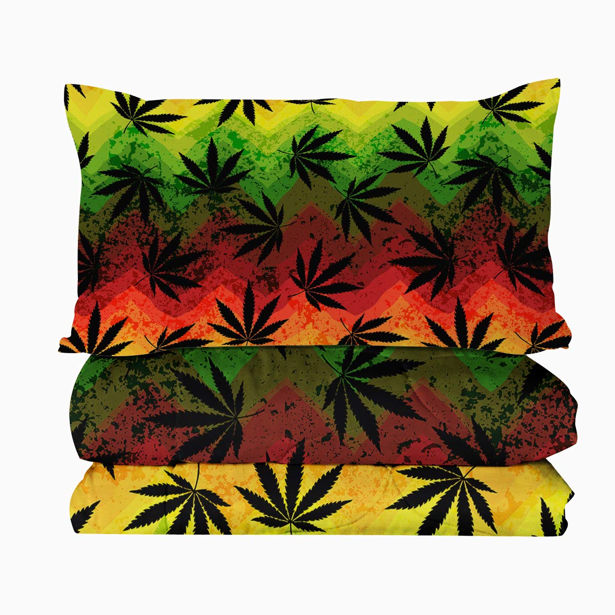 BlessLiving 3-Piece Rainbow Chevron Cannabis Leaf Comforter Set - Full/Queen Size Black Hemp Bedding, Lightweight Quilt & Modern Stylish Plant-Themed Bedspread | Perfect for Bohemian Bedrooms, Dorm Decor & Stoner Aesthetic