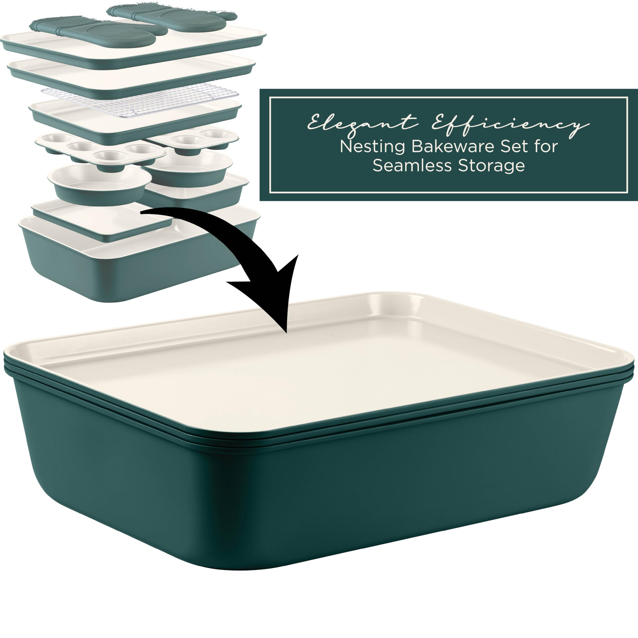 Nonstick Stackable Bakeware Set - 13-Piece Durable & Easy Release Country Kitchen Baking Set in Sage Green | Perfect for Cakes, Cookies, Bread & Holiday Baking