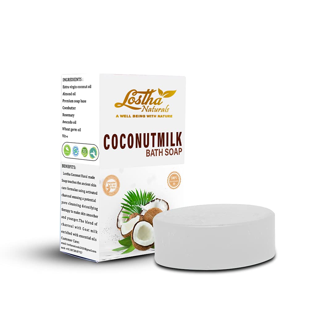 Lostha Naturals Coconut Milk Handmade Soap with Almond Coco Butter & Virgin Coconut Oil - Vitamin E Enriched Moisturizing Bar (100g) for Dry Skin, Sensitive Skin Care & Daily Gentle Cleansing