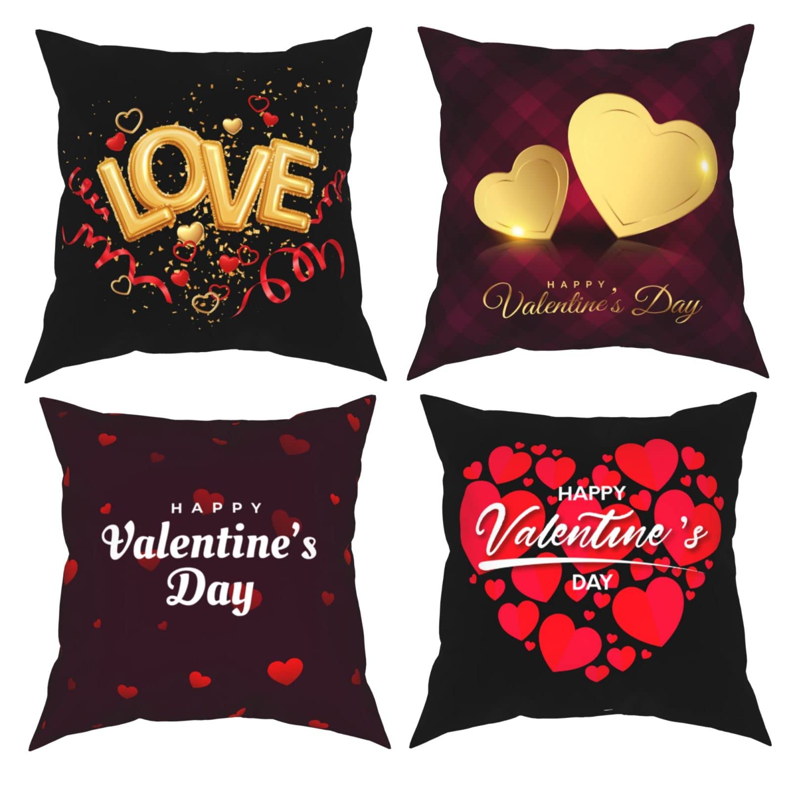 Valentine's Day Gold Hearts Red Tartan Throw Pillow Covers - Decorative Cushion Cases for Sofa, Bed, Chair & Car - Romantic Home Decor for Couples & Anniversary Gifts