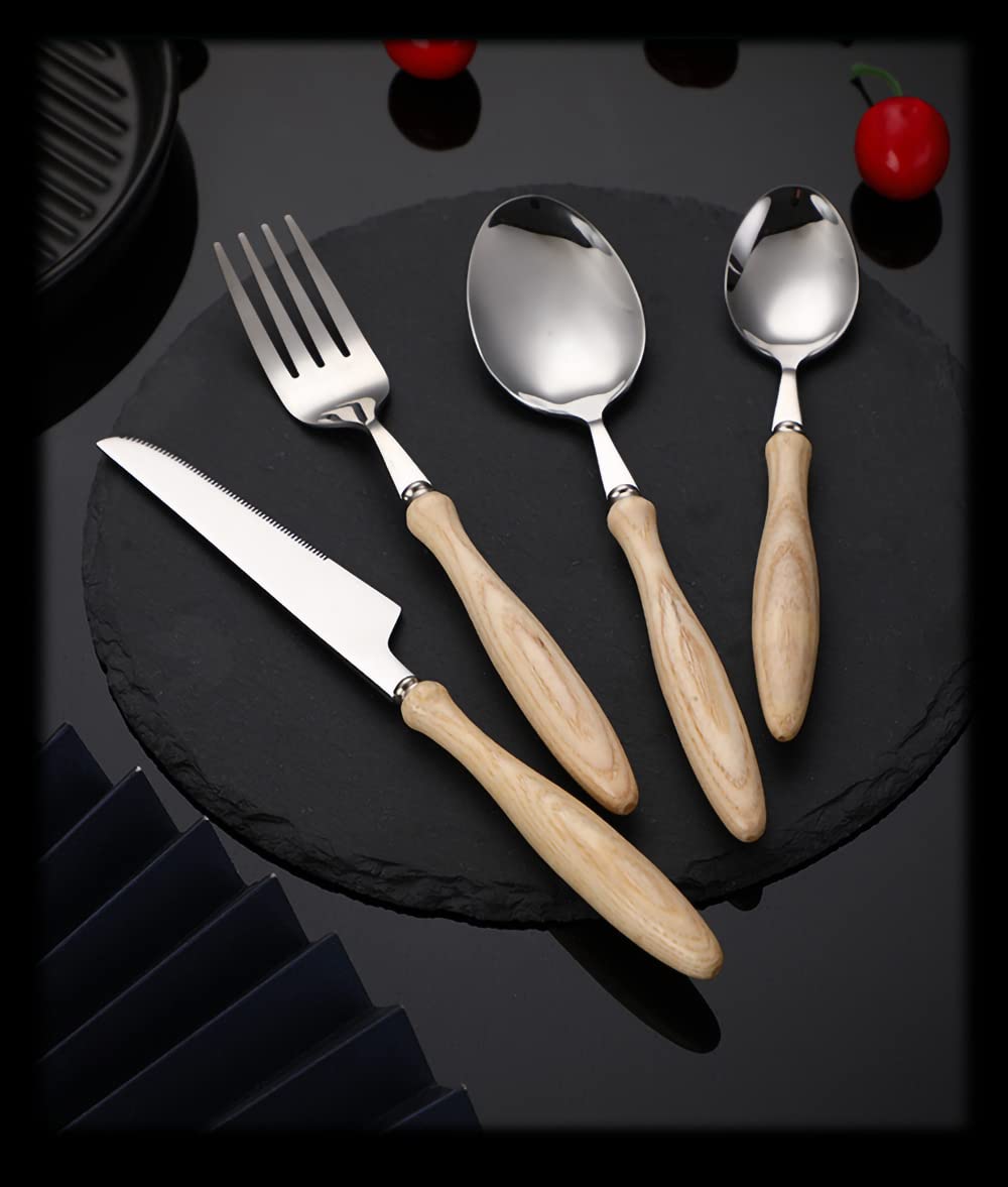 32-Piece Stainless Steel Flatware Set with Wooden Handle - Mirror Polished Silverware Utensils (Forks, Spoons, Knives) for Home, Restaurant & Daily Use - Perfect for Family Dinners, Parties & Outdoor Picnics