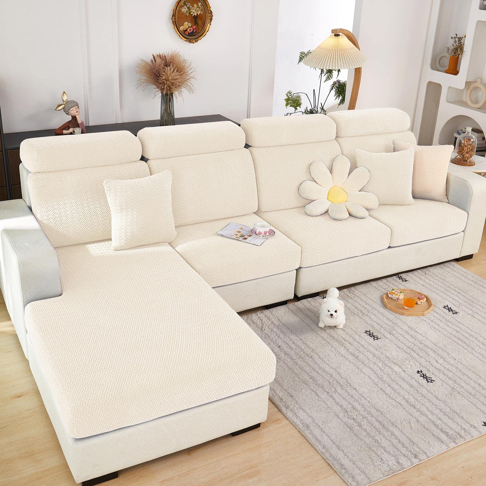 Elastic L-Shaped Sectional Sofa Slipcover with Chaise Lounge Cover - 61-73 Inch Length, 35-43 Inch Width - Durable Furniture Protector for Living Room (Weave White) - Perfect for Pet Owners & Family Gatherings