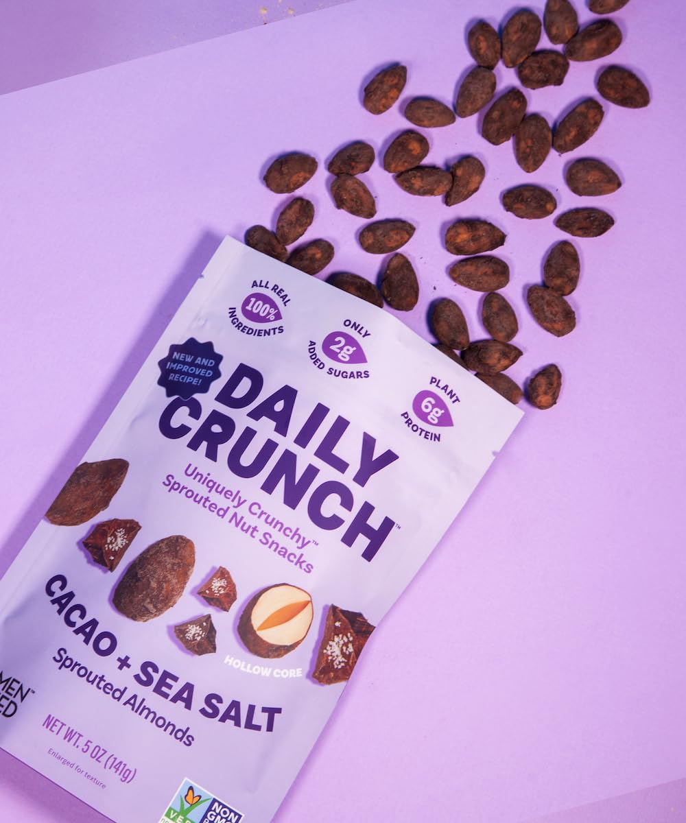 Organic Sprouted Almonds Snack - 5oz Bags (6 Pack, Cacao & Sea Salt) | Healthy Keto, Paleo & Vegan Friendly | Perfect for On-the-Go, Office & Gym Snacking