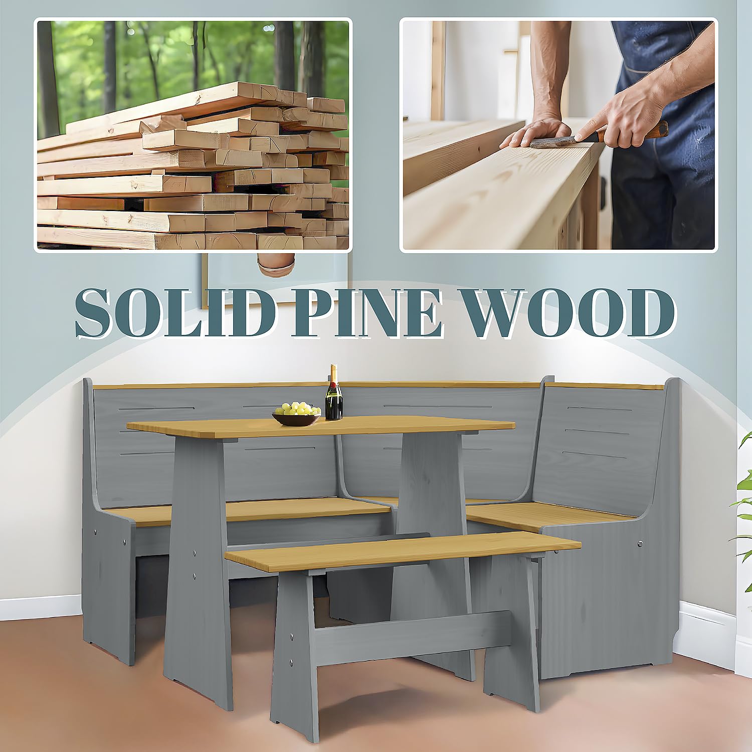 Space-Saving L-Shaped Breakfast Nook Set - 3-5 Seat Corner Dining Table & Bench with Reversible Design, Grey Wood for Kitchen & Small Dining Areas | Perfect for Family Homes, Apartments & Cozy Breakfast Nooks