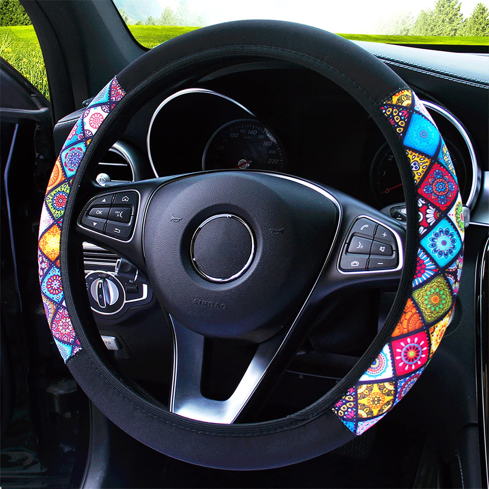 Boho Colorful Cute Steering Wheel Cover for Women - Mandala Pattern Anti-Slip Breathable Soft Neoprene Car Steering Wheel Cover - Universal 15 Inch Auto Accessories Decor Protector - Perfect for Road Trips & Daily Commutes