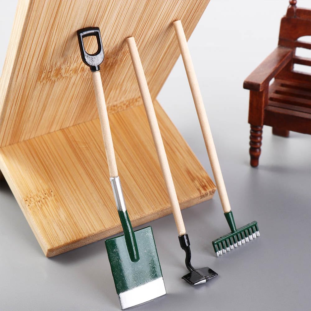 1:12 Scale Miniature Shovel & Hoe Set - Black Fairy Garden Decor, Tiny Farming Tools for Miniature Gardens & Dioramas - Perfect for Fairy Houses, Terrariums & DIY Craft Projects