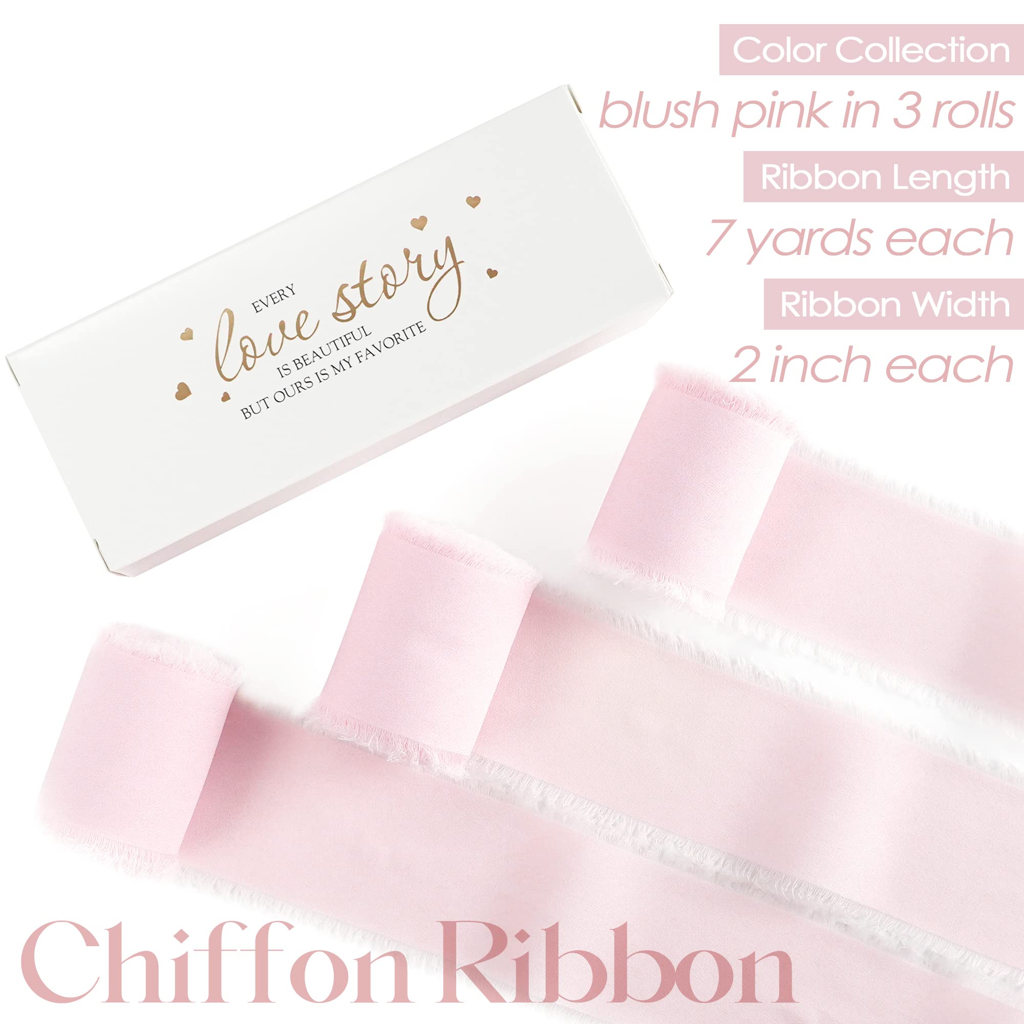 MEEDEE 2 Inch Pink Chiffon Ribbon with Frayed Fringe - Light Pink Silk Ribbon for Crafts, Gift Wrapping, Wedding Decor (3 Rolls 21 Yards) - Perfect for DIY Projects, Bridal Bouquets, and Invitation Embellishments