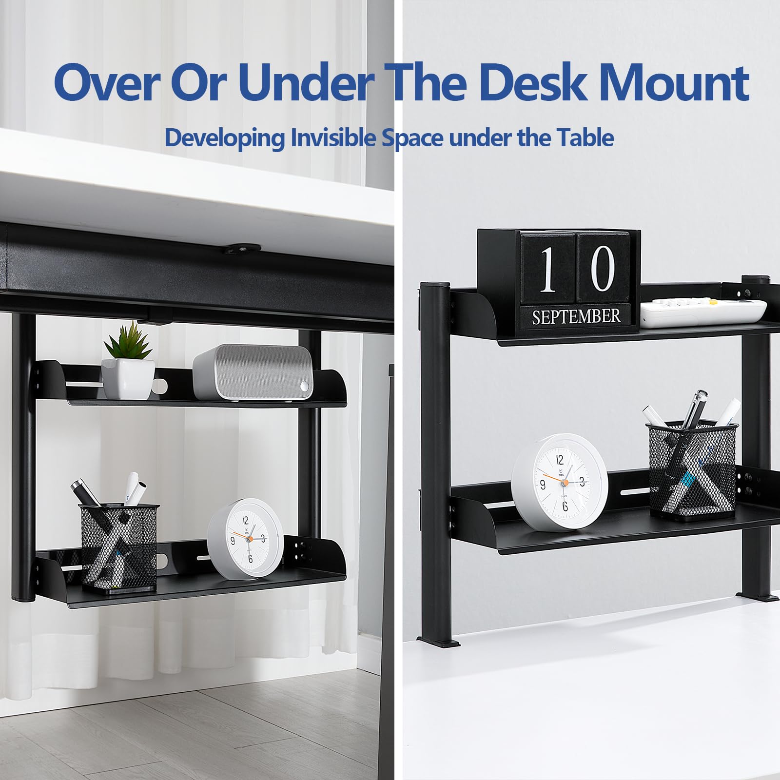Adjustable 2-Tier Desk Shelf Organizer with Metal Tray - Perfect for Office & Gaming Setup