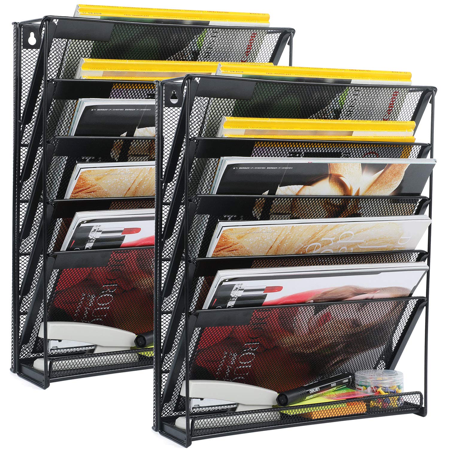 Samstar 2 Pack Wall File Organizer - 6-Tier Vertical Wall Mount Paper Holder for Office & Home Organization - Black - Perfect for Desk, Kitchen, Bathroom & Classroom Storage