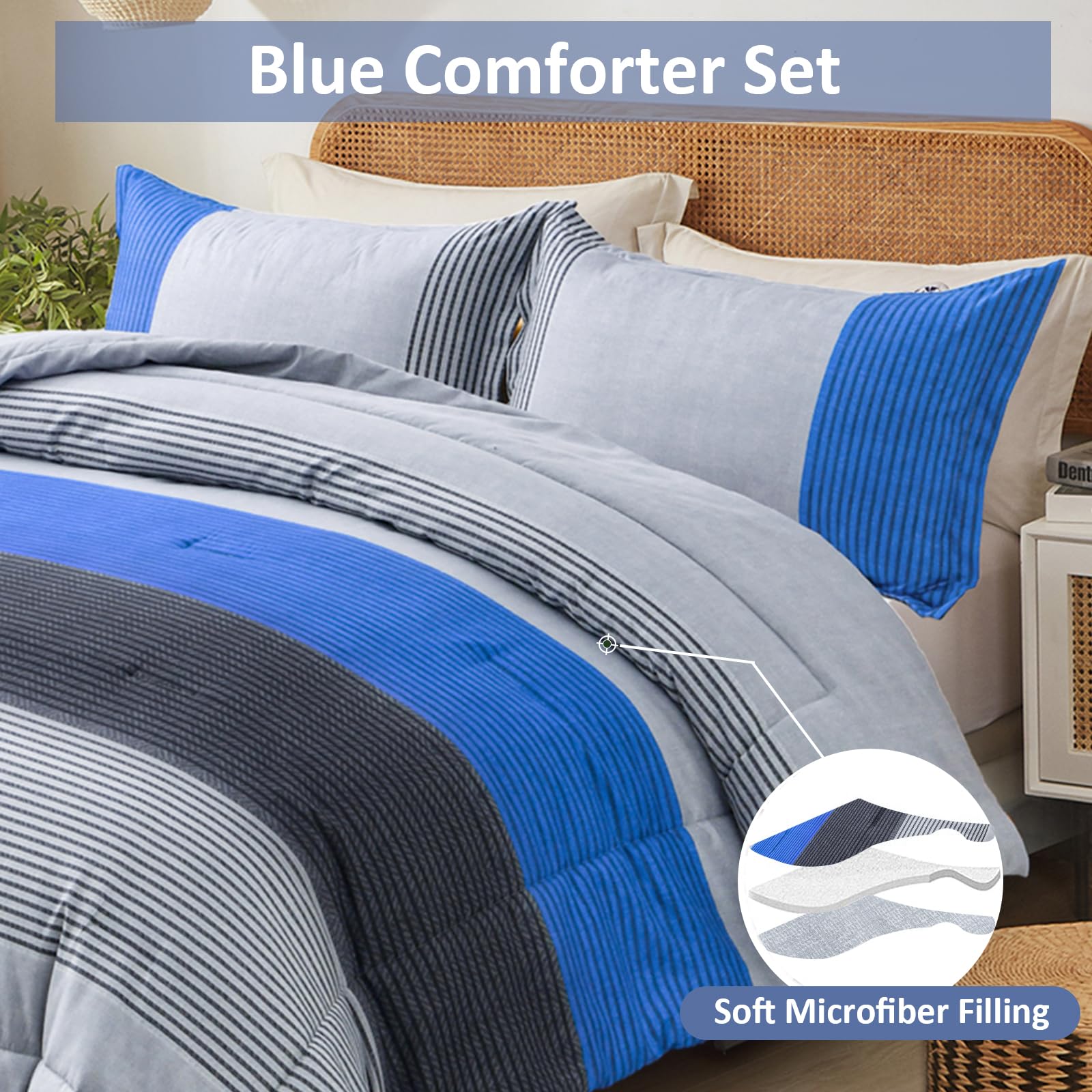 WONGS BEDDING King Size Blue & Grey Reversible Down Alternative Comforter Set - 3 Piece Microfiber Bedding (104