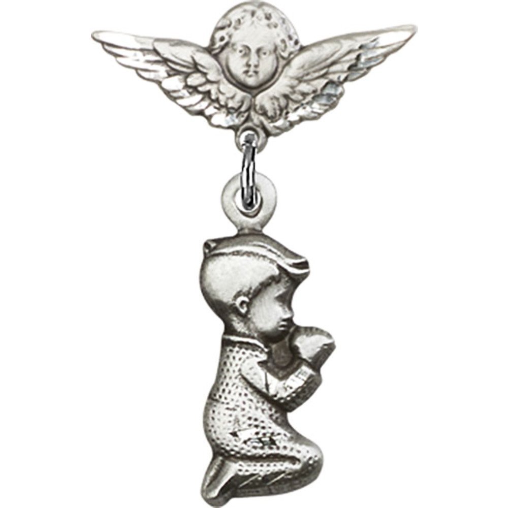 925 Sterling Silver Baby Badge Pin with Praying Boy & Angel Wing Charm - 1 1/8