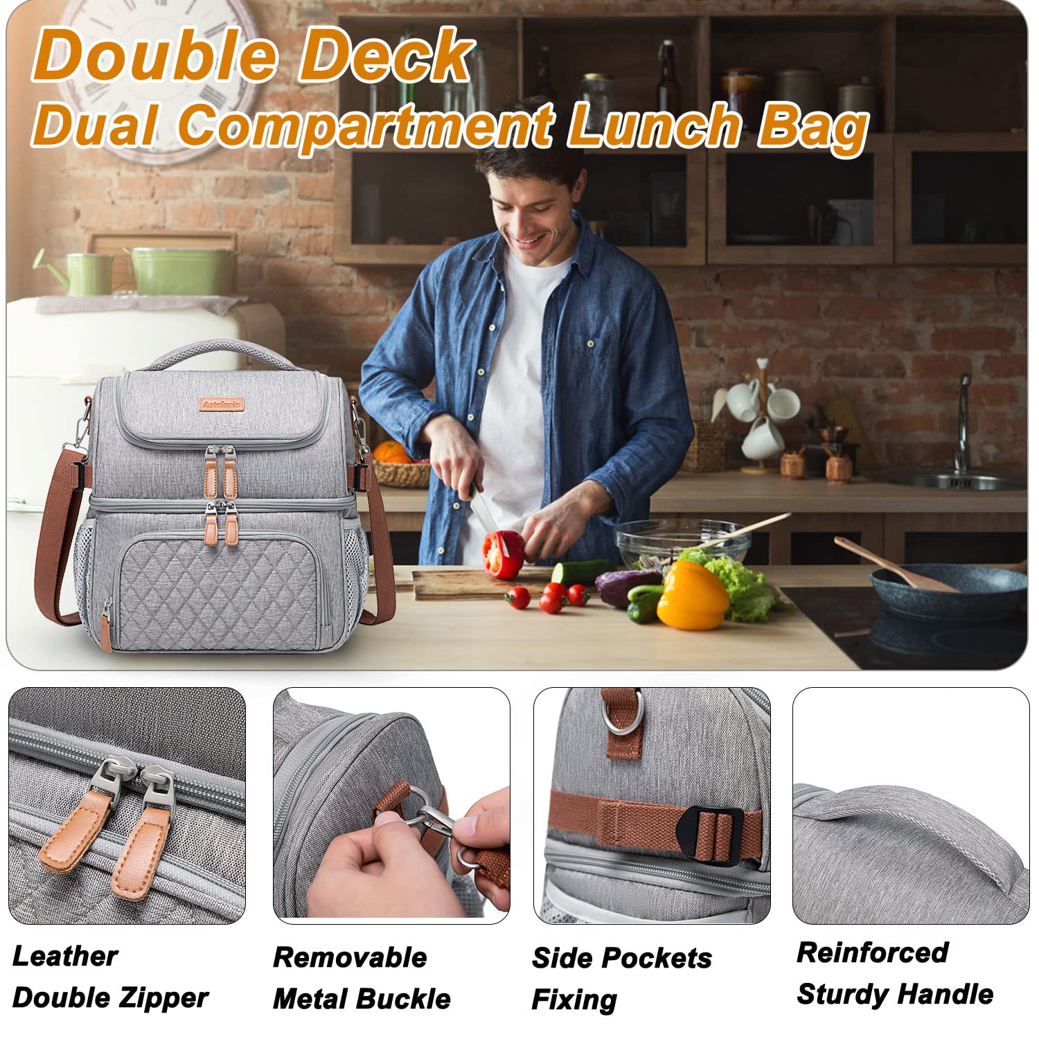 Artelaris Large Insulated Lunch Bag for Men & Women - Leak Proof Double Compartment Cooler Tote for Work, School & Picnics - Black & Grey Lunch Box with Dual Deck Design