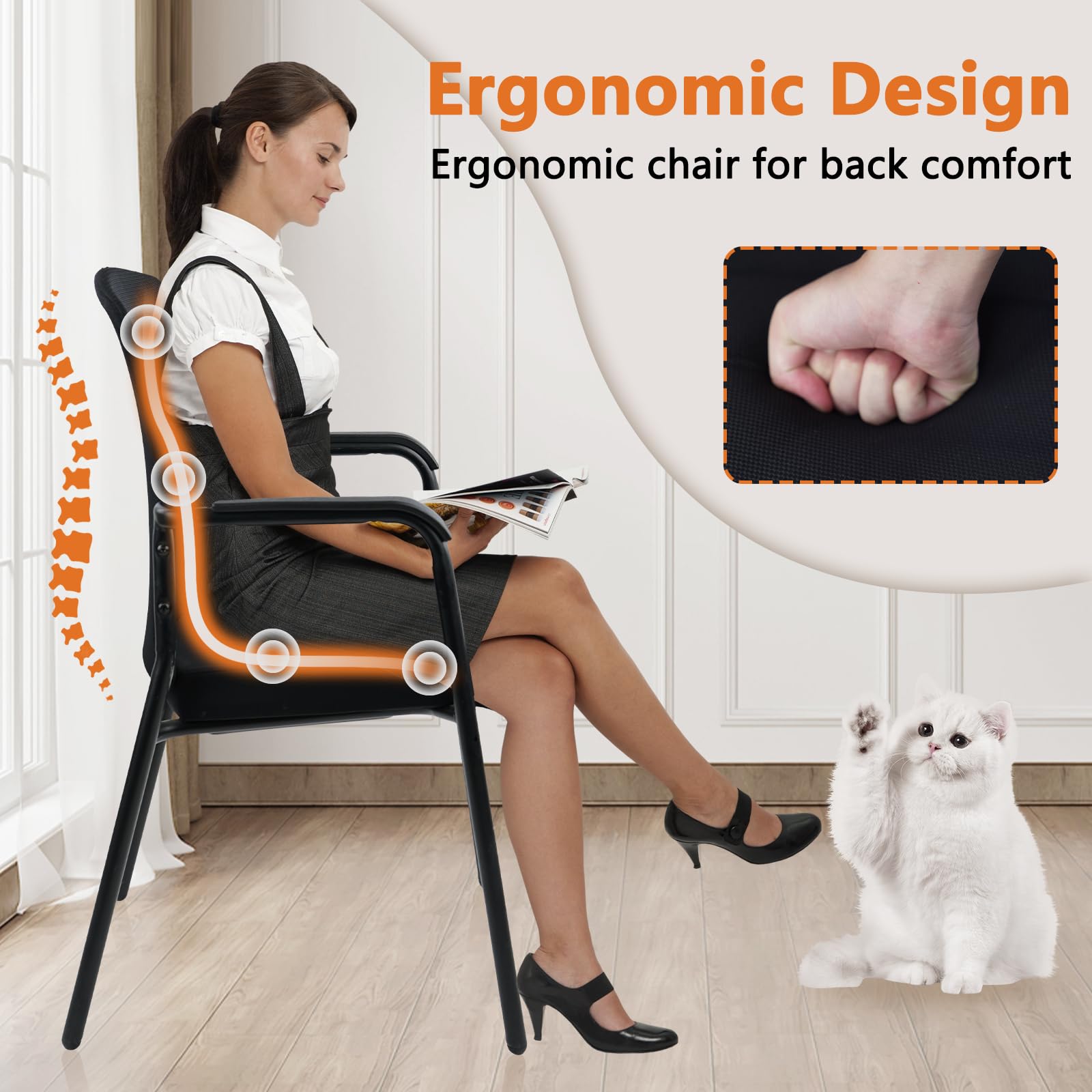 CLATINA Stackable Office Chairs with Arms - 4 Pack Double Mesh Waiting Room Chairs with Thickened Cushion, High Back Guest Chairs for Reception, Lobby, School, Banquet & Conference Rooms - Black Ergonomic Seating Solution