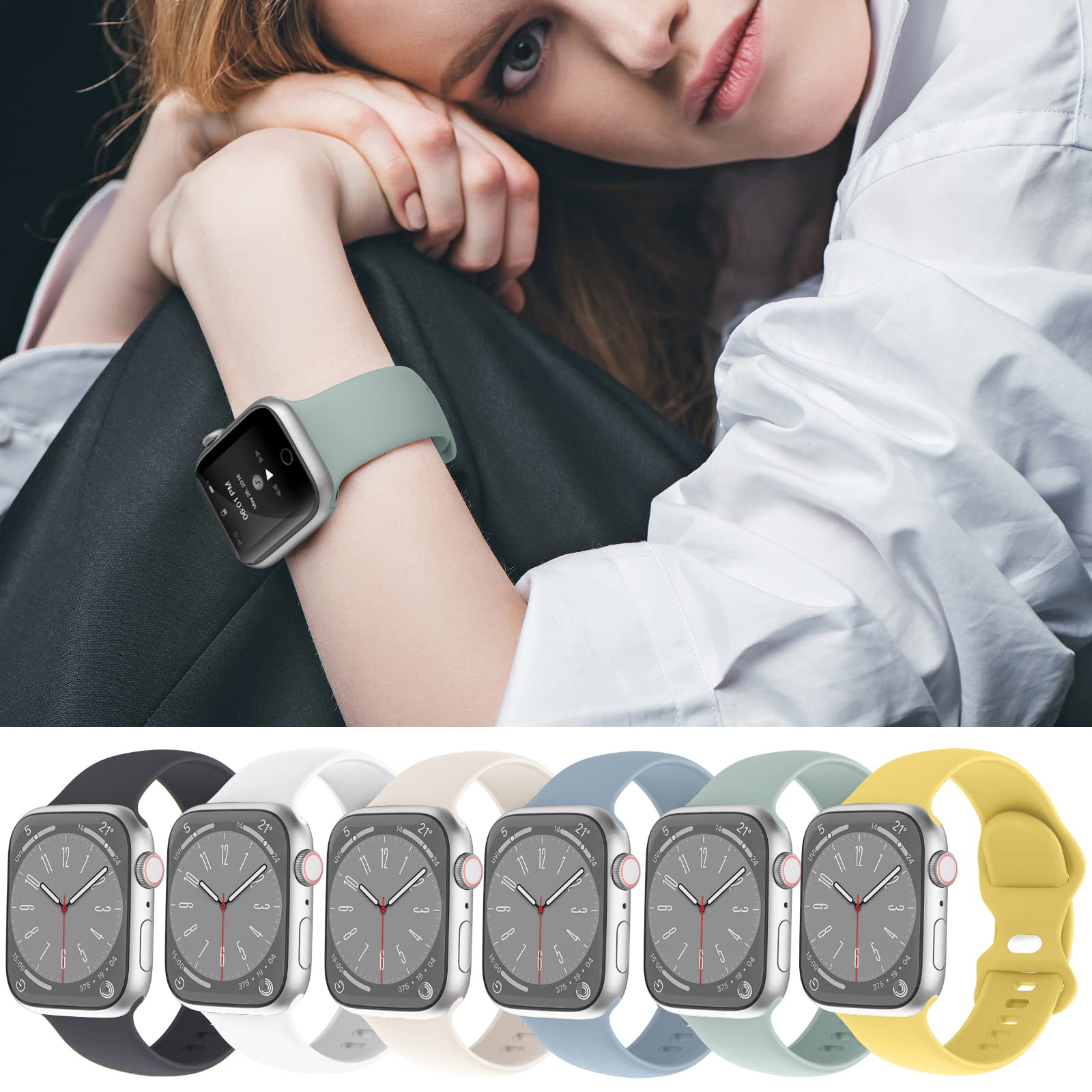 6 Pack Soft Silicone Sport Bands Compatible with Apple Watch Series SE/Ultra/8/7/6/5/4/3/2/1 - 38mm 40mm 41mm 42mm 44mm 45mm 49mm Waterproof Replacement Strap for Men & Women - Perfect for Gym, Running, Swimming & Daily Wear