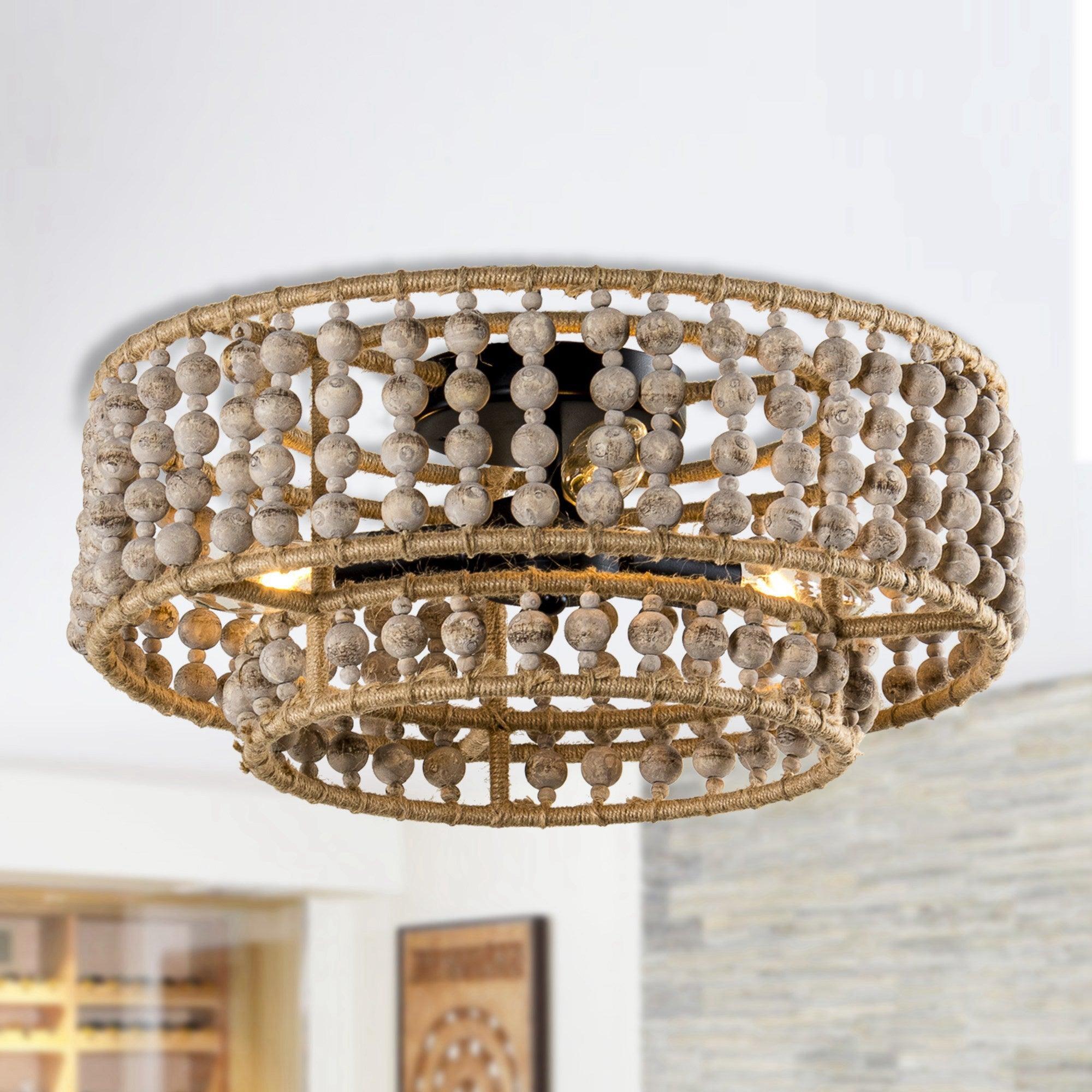 Farmhouse 3 Light Wood Beaded Flush Mount Ceiling Light Fixture - Rustic Chandelier for Kitchen, Dining Room & Bedroom Lighting