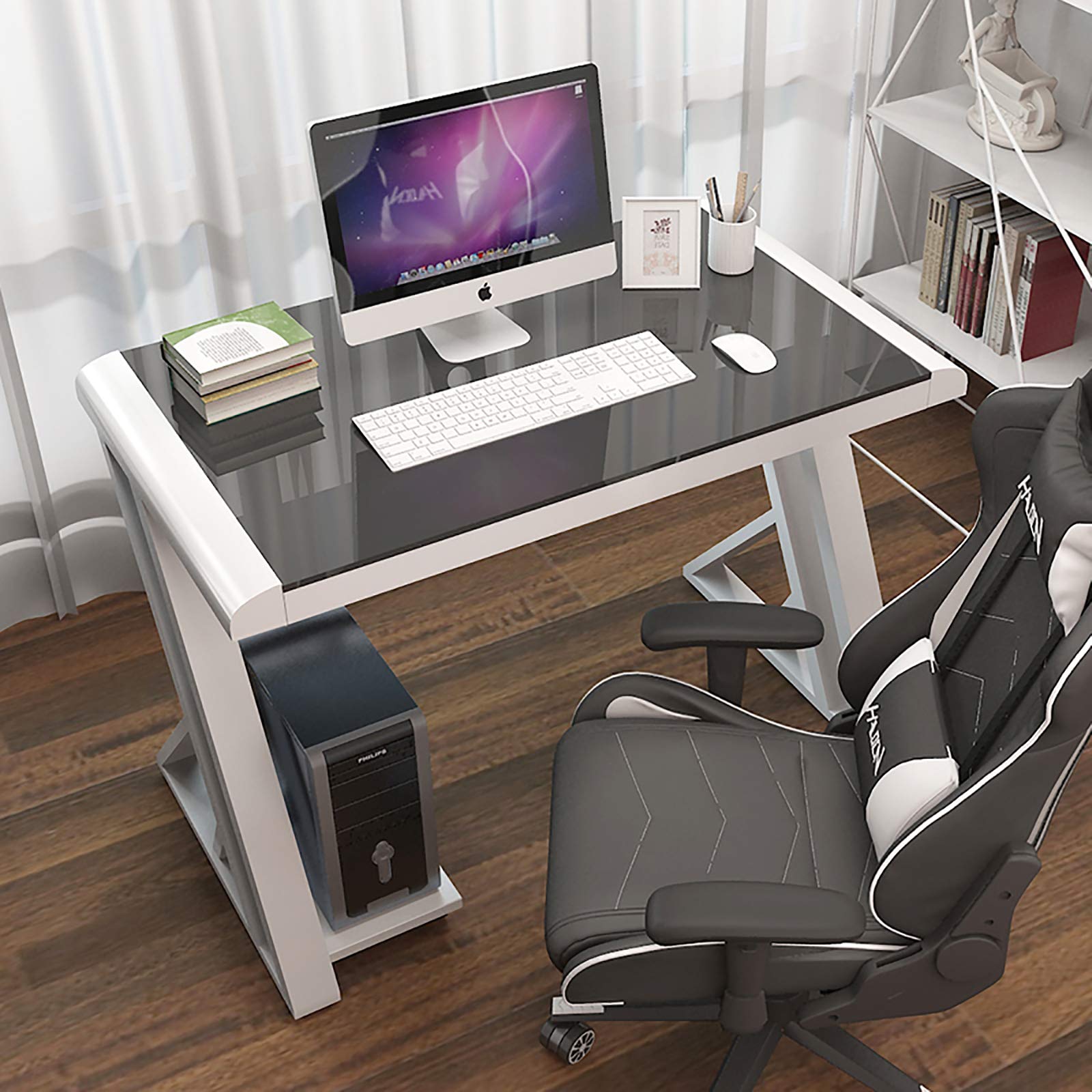 Ergonomic Glass Top Computer Desk with Metal Frame - Z-Shaped Gaming & Office Workstation for Esports, Home Office, and Writing - Perfect for Gamers, Professionals, and Students
