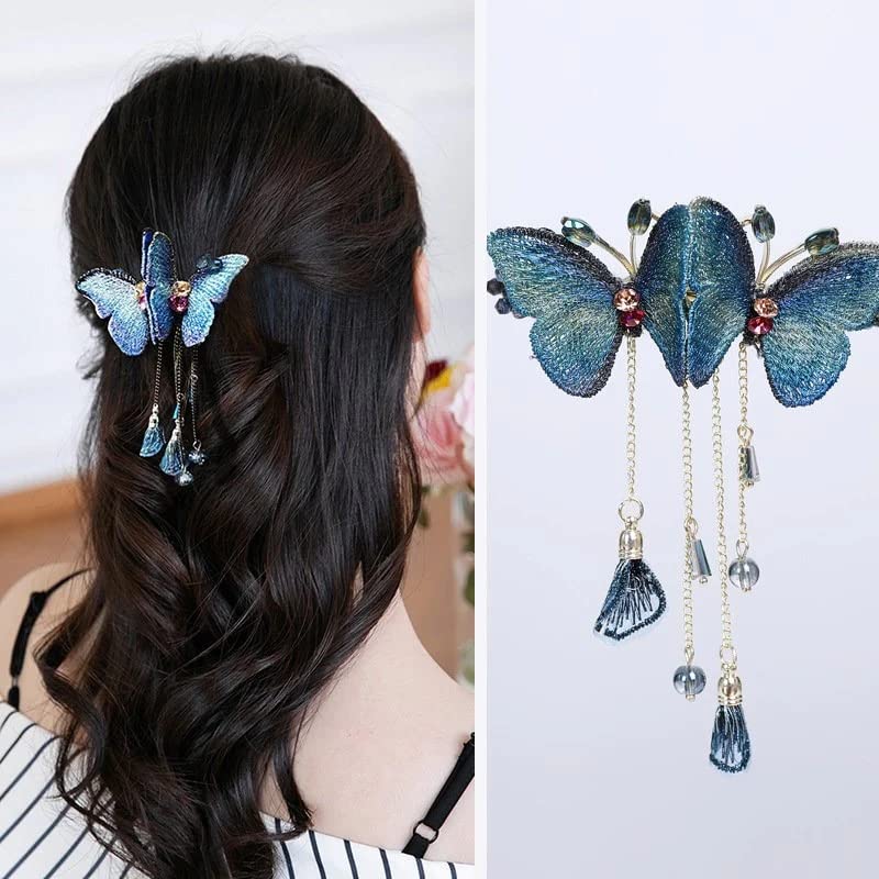 Sparkling Butterfly Rhinestone Tassel Hair Clip for Women - Elegant Blue & Purple Hair Accessories for Parties, Weddings & Special Occasions