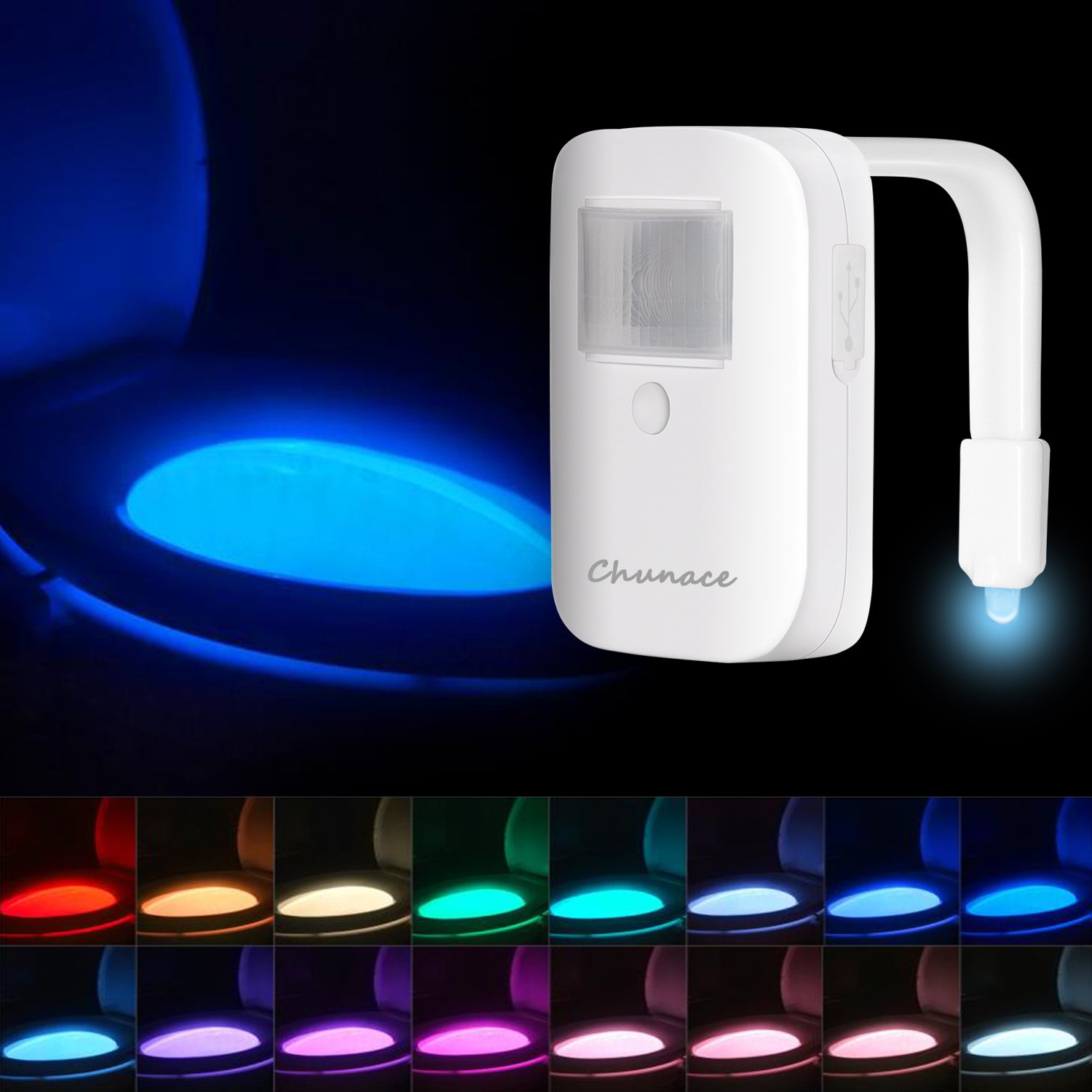 Chunace Rechargeable Motion Sensor LED Toilet Night Light - Auto On/Off Bathroom Nightlight for Kids & Adults, Waterproof Toilet Bowl Light for Safe Night Use, Perfect Gift & Home Decor Accessory (Ideal for Bedrooms, Hallways & Baby Nurseries)