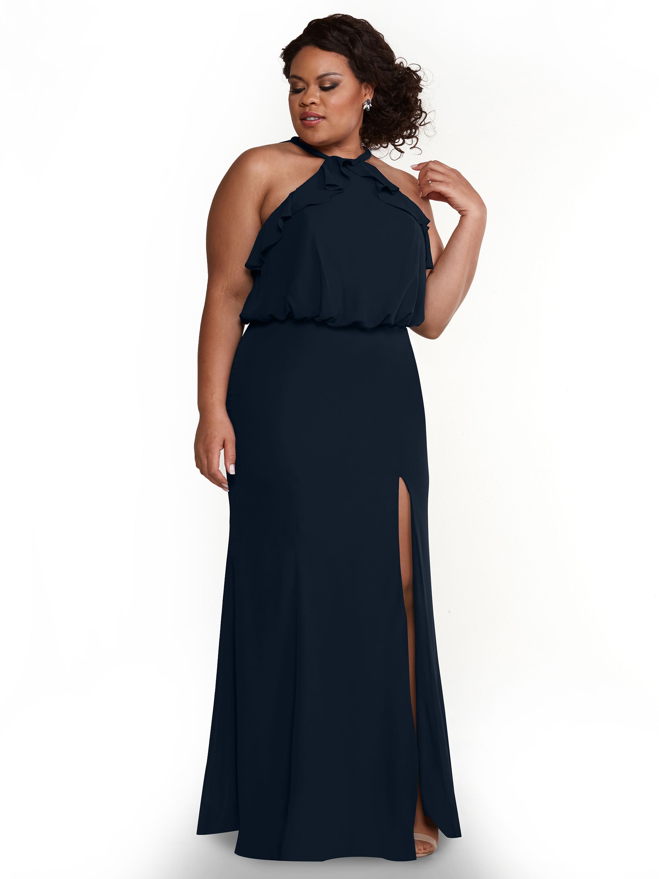 Elegant 80147 Fit and Flare Chiffon Bridesmaid Dress with Ruffled Neckline & Thigh Slit - Perfect for Weddings, Proms, and Formal Events