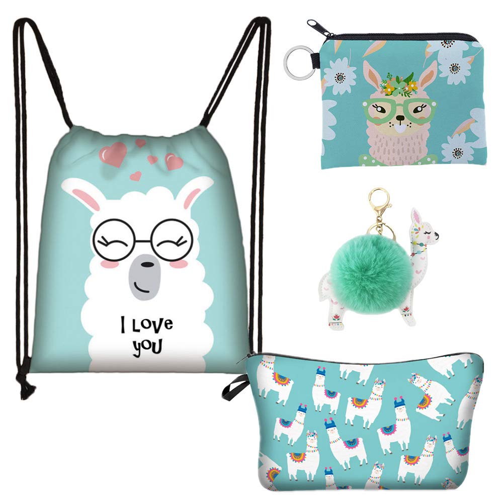 Cute Llama Gift Set for Girls - Drawstring Backpack, Travel Makeup Bag, Alpaca Coin Purse & Keychain | Perfect for School, Travel & Birthday Presents