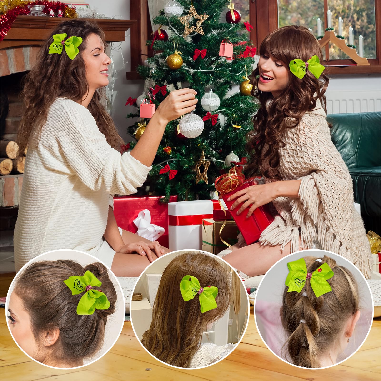 Festive Christmas Green Hair Bow Clips - 2Pcs Set of 5-Inch Holiday Hair Accessories for Women & Girls | Christmas Party Decor, Costume Accessories & Stocking Stuffers | Perfect for Holiday Gatherings, School Plays & Christmas Photos