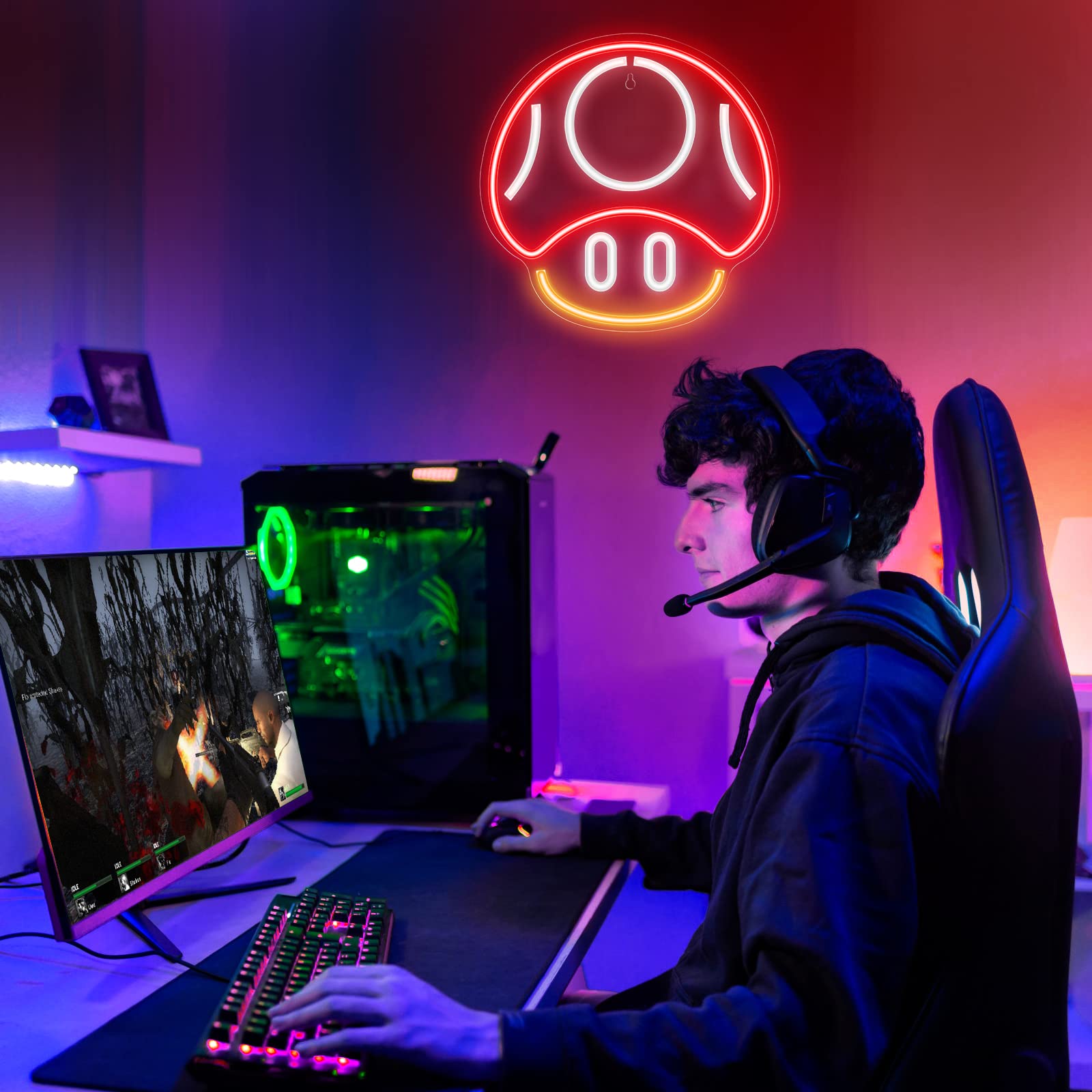 Kavaas Gaming Neon Sign - Mushroom LED Wall Art for Game Room Decor, Man Cave & Kids Bedroom - Unique Gamer Gifts for Boys & Teens (Red) - Perfect for Esports Tournaments, Streaming Backgrounds & Gaming Setup Photos