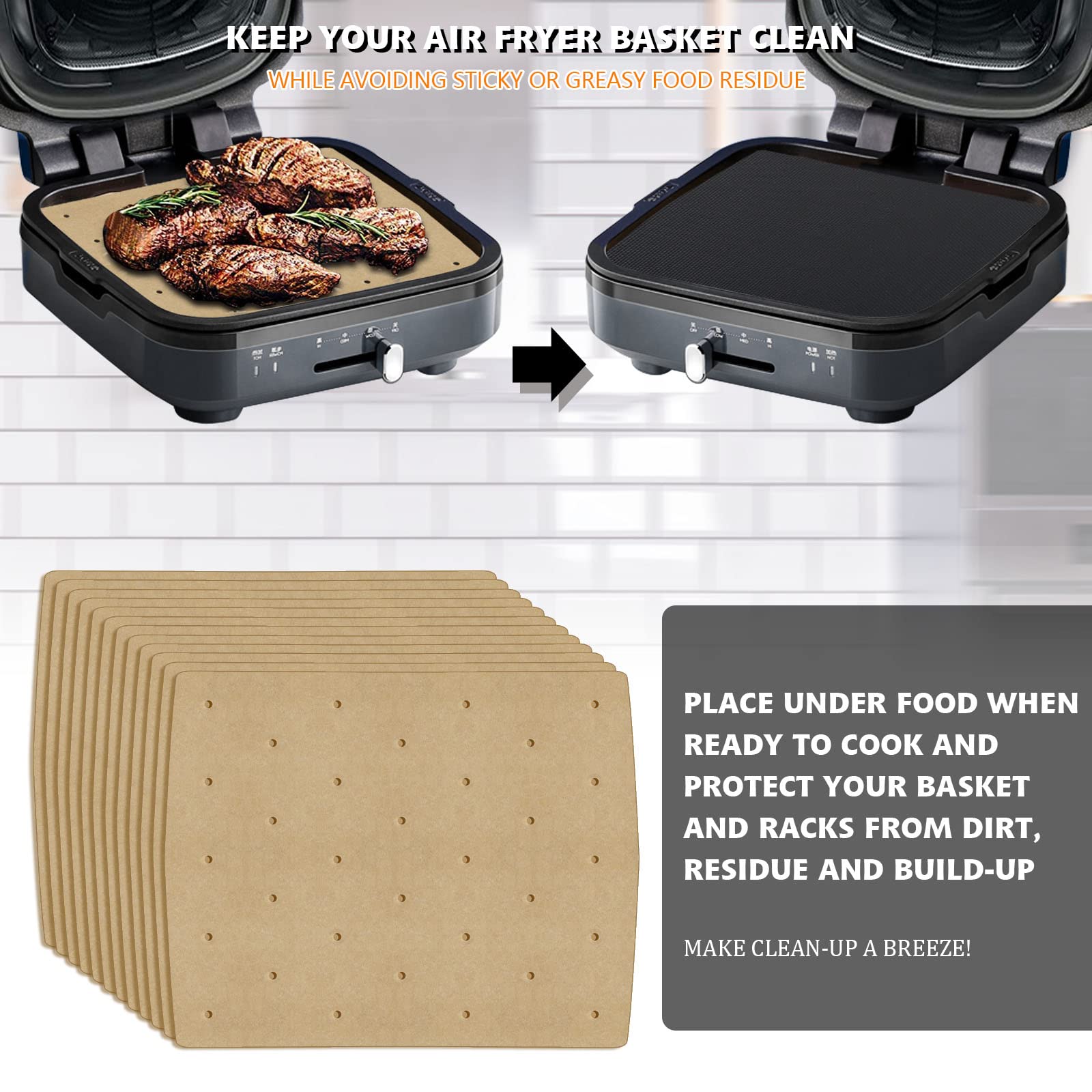 WMKGG 100-Pack Unbleached Perforated Air Fryer Parchment Paper Liners - Compatible with Ninja Foodi Grill 5-in-1 AG301, 4qt & Most Air Fryers - Non-Stick, Disposable Baking Sheets for Healthy Cooking | Perfect for Roasting, Baking, and Frying Vegetables, Chicken Wings & More