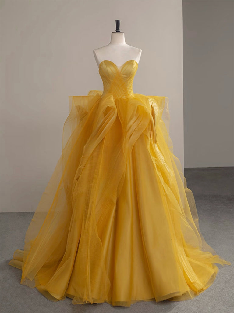 Elegant A-Line Sweetheart Neck Tulle Yellow Long Prom Dress for Homecoming, Formal Dances & Special Occasions