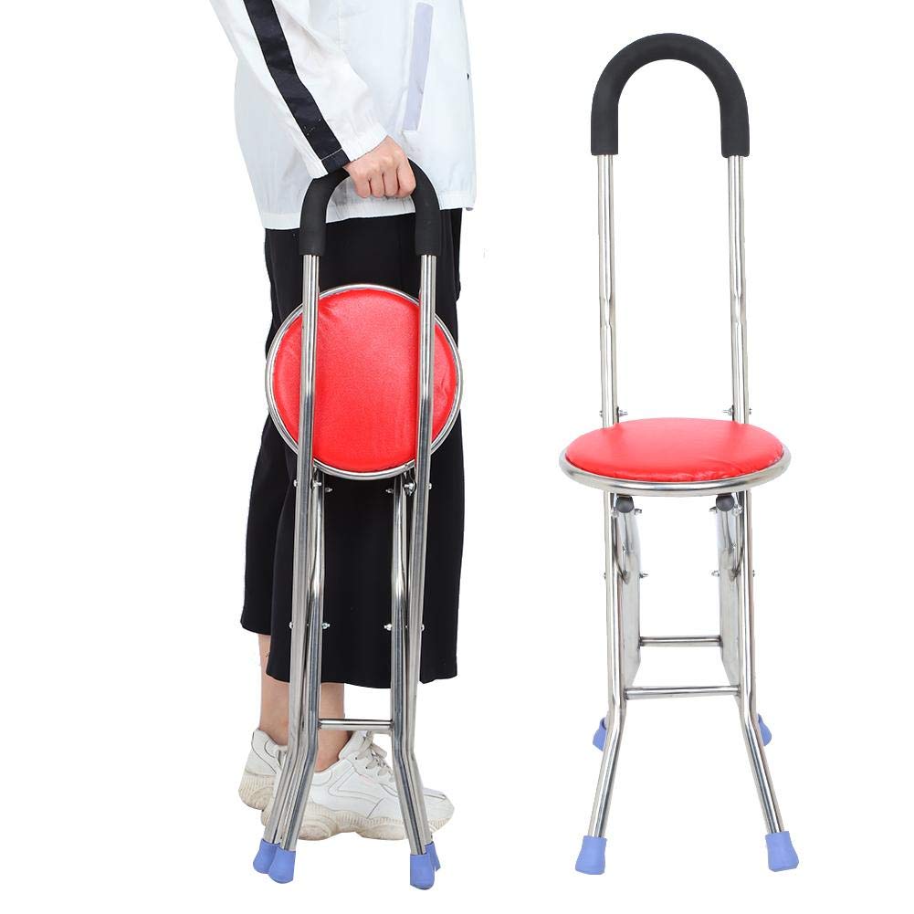 **Portable Folding Cane Chair with Seat - Anti-Slip 4-Leg Walking Stick for Seniors, Sponge Handle & Stainless Steel Frame - Ideal for Hiking, Travel & Outdoor Activities**