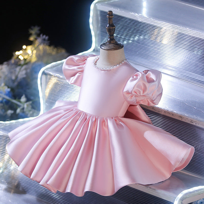 Pink Satin Princess Flower Girl Dress with Puff Sleeves - Elegant Toddler Formal Gown for Weddings, Baptisms & Special Occasions