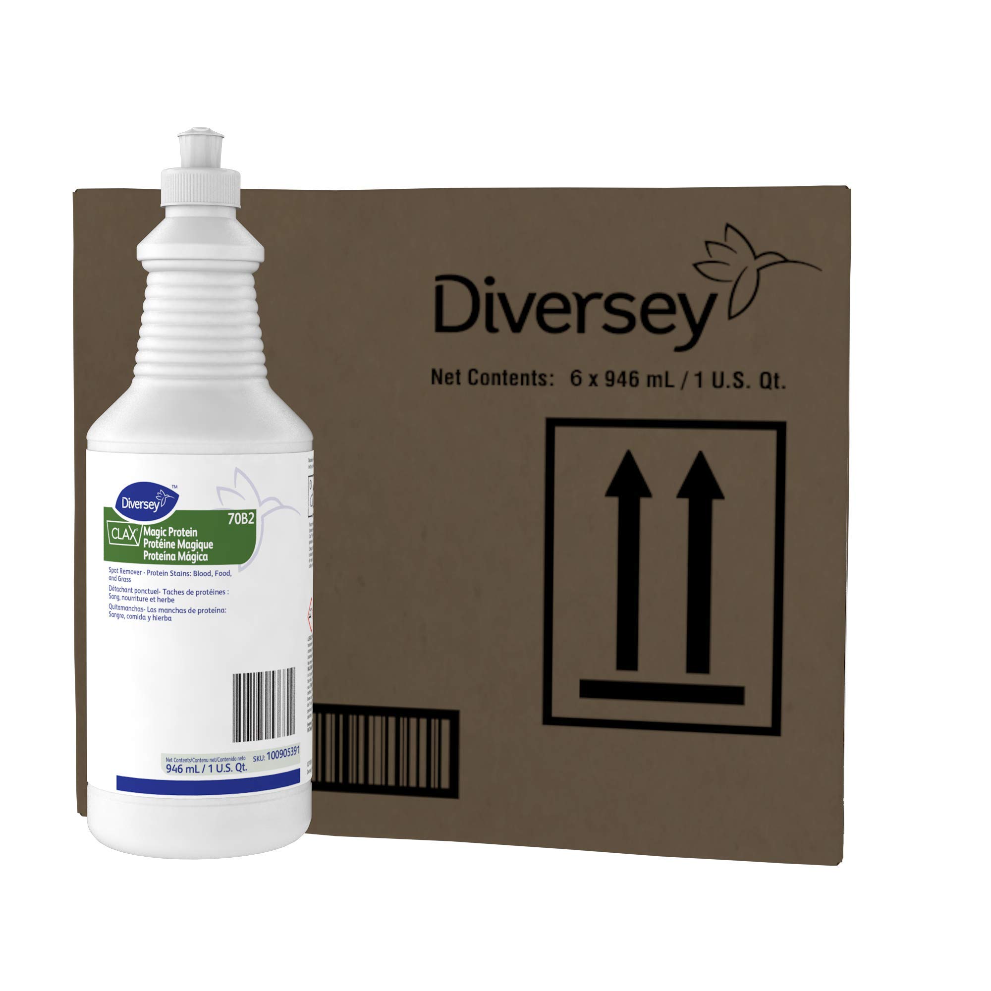 Diversey Clax Magic Protein Commercial Fabric Spot Remover - Stain Remover for Blood, Food & Grass Stains - Ready-to-Use 32oz Squeeze Bottle (Pack of 6) - Perfect for Laundry, Upholstery & Carpet Cleaning