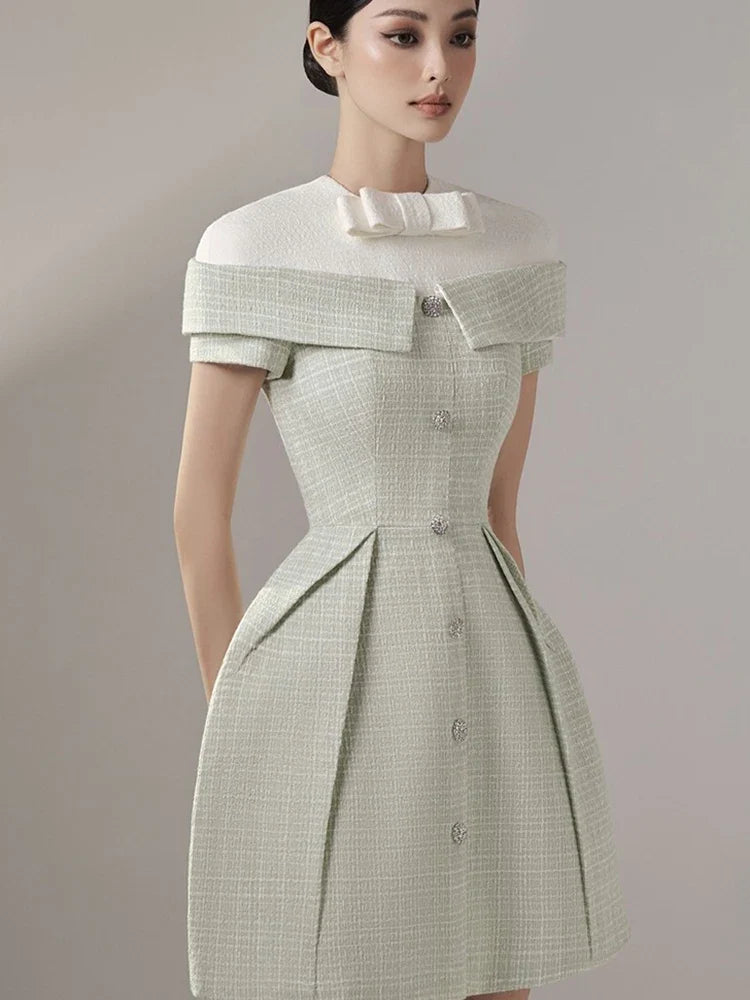 DEAT Women's Patchwork Tweed Dress - Fashion Contrast Color Single Breasted High Waist Elegant Dress for Women | Perfect for Office Wear, Cocktail Parties & Special Occasions