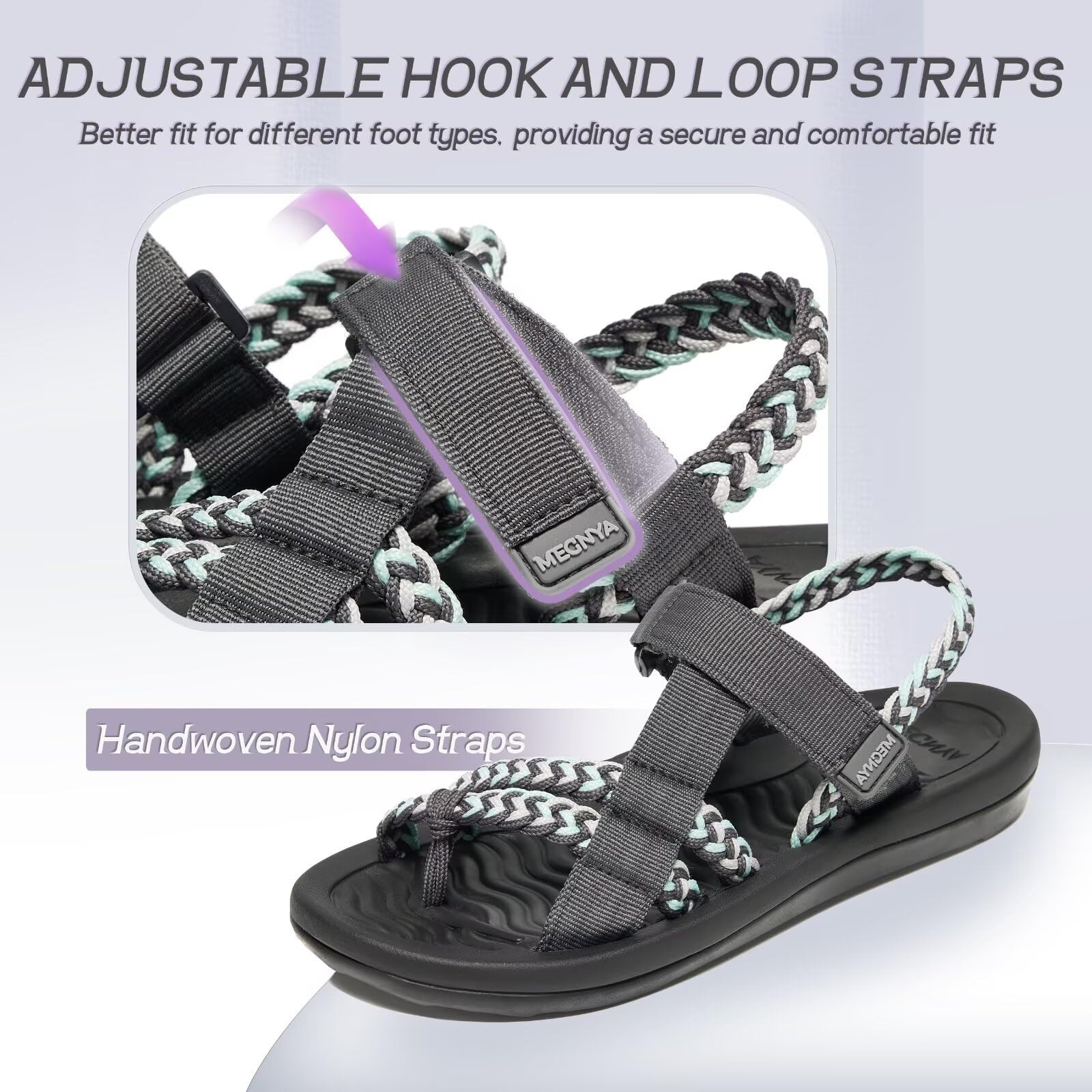 **MEGNYA Women's Hiking Sandals - Comfortable Walking Flip Flops with Arch Support, Adjustable Hook & Loop Straps - Perfect for Beach, Vacation & Outdoor Adventures**