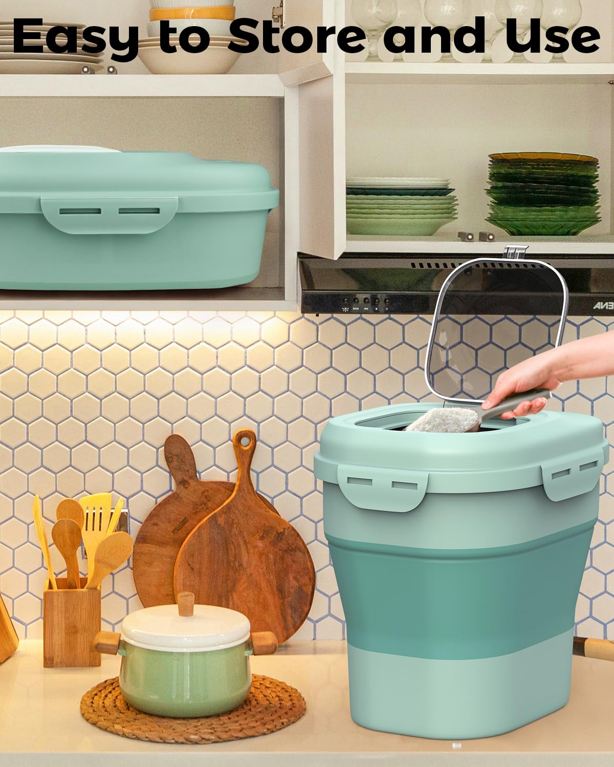 Collapsible Food Storage Containers 20-50 Lbs - Airtight Cereal & Rice Dispenser with Rolling Wheels, Locking Lid & Measuring Cup - Perfect for Flour, Sugar, Pet Food & Bulk Dry Goods Storage - Ideal for Kitchen Pantry Organization & Space Saving