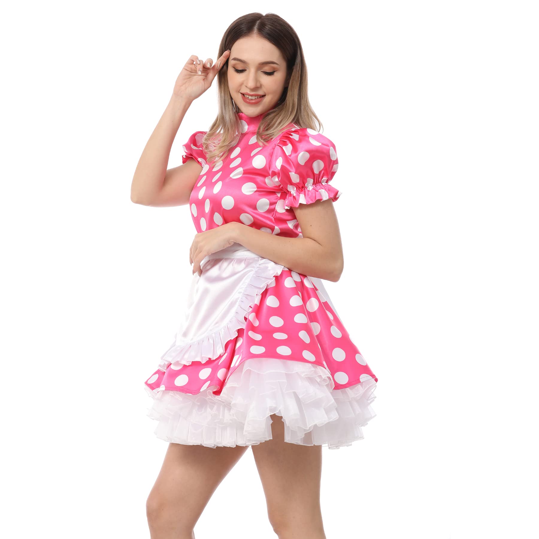 JOLINE Sissy Women's Vintage Maid Dress - Pink with White Polka Dots, Satin Puff Sleeve Costume for Cosplay, Halloween, Role Play & Themed Parties