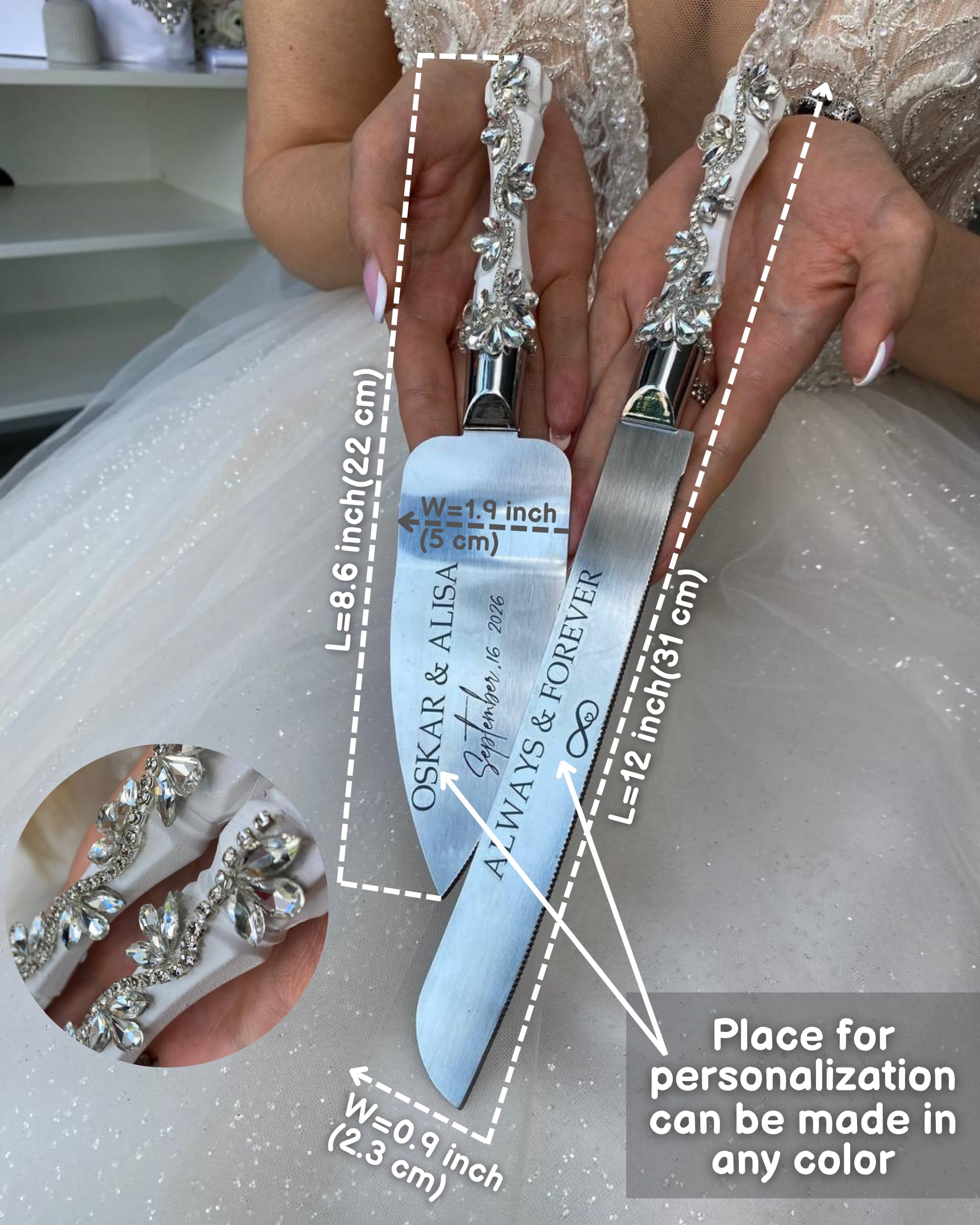 Personalized Wedding Glasses Set of 2 - Champagne Flutes & Cake Cutting Set for Bride and Groom - Elegant White Wedding Serving Set - Perfect for Wedding Toast, Anniversary & Romantic Celebrations