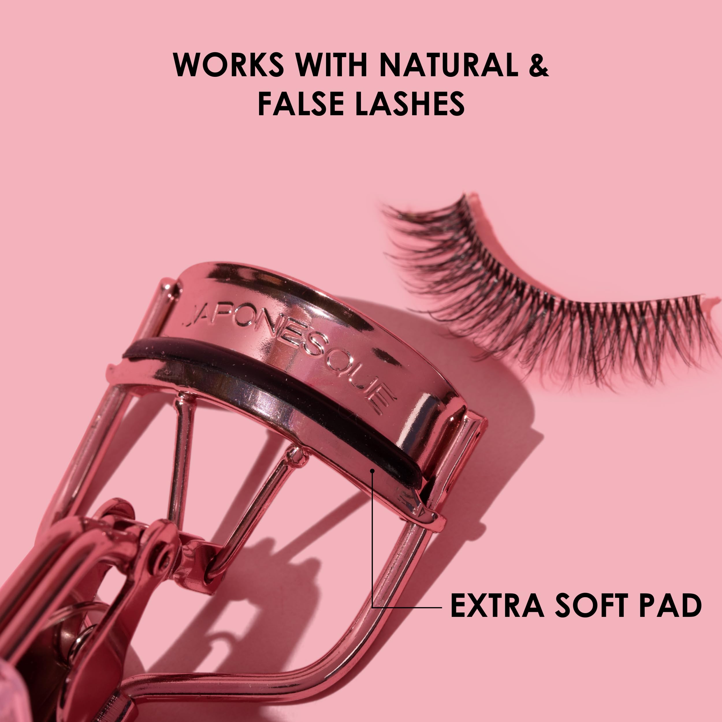 JAPONESQUE Eyelash Curler for Natural & False Lashes - Comfort Grip, Round Shape Design with 1 Extra Refill Pad - Long Lasting 8 Hour Curl - Perfect for Daily Makeup, Bridal Looks & Professional Salon Use
