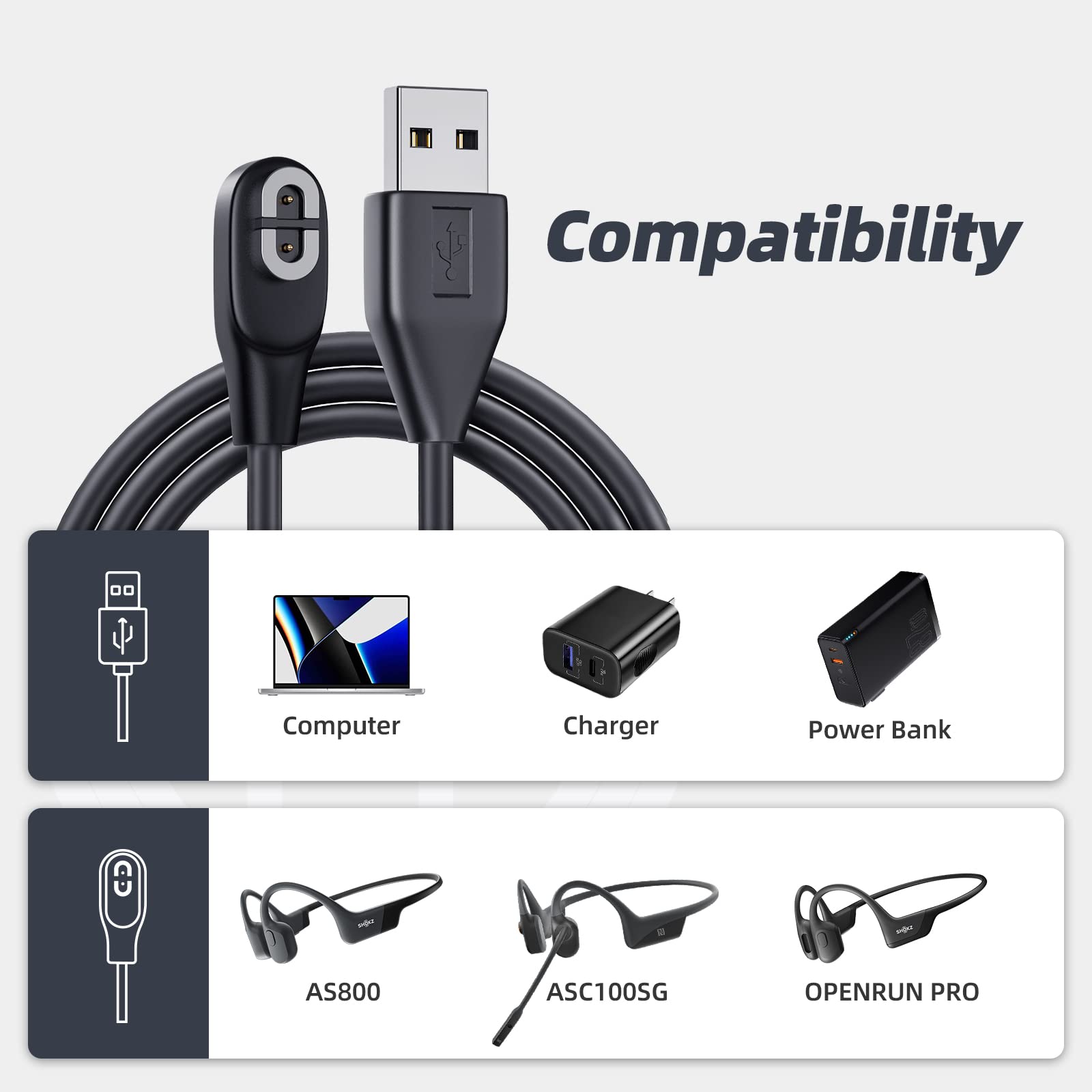 Shokz AfterShokz Magnetic Charging Cable - 3.3ft USB Fast Charger for OpenComn, OpenRun, OpenRun Pro/Mini Headphones (2 Pack) - Perfect for Workouts, Running & Outdoor Activities