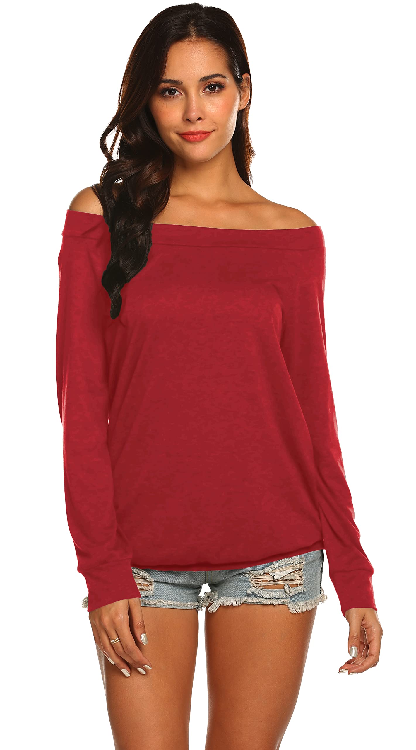 Sexy Off Shoulder Long Sleeve Tops for Women - Stretchy Red Blouse for Date Night, Party & Casual Wear | Fashionable Women's Shirt for Fall & Winter Outfits