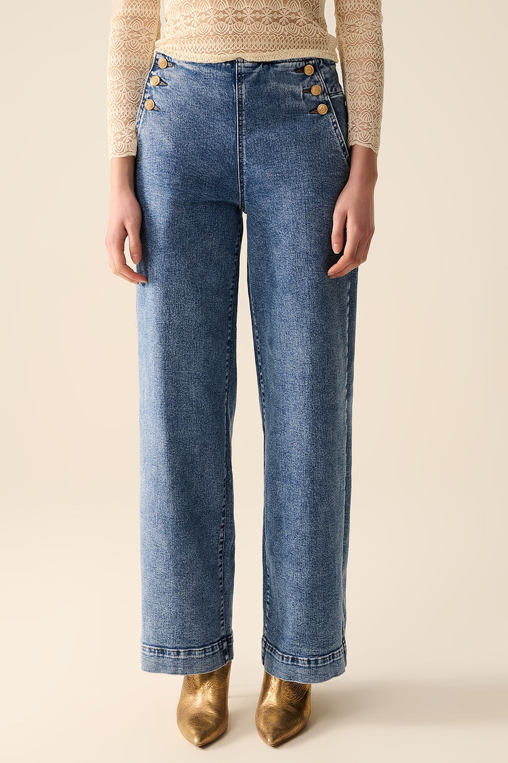 Men's Straight Leg Jean with Gold Buttons - Medium Wash Denim Pants for Casual Wear & Everyday Style