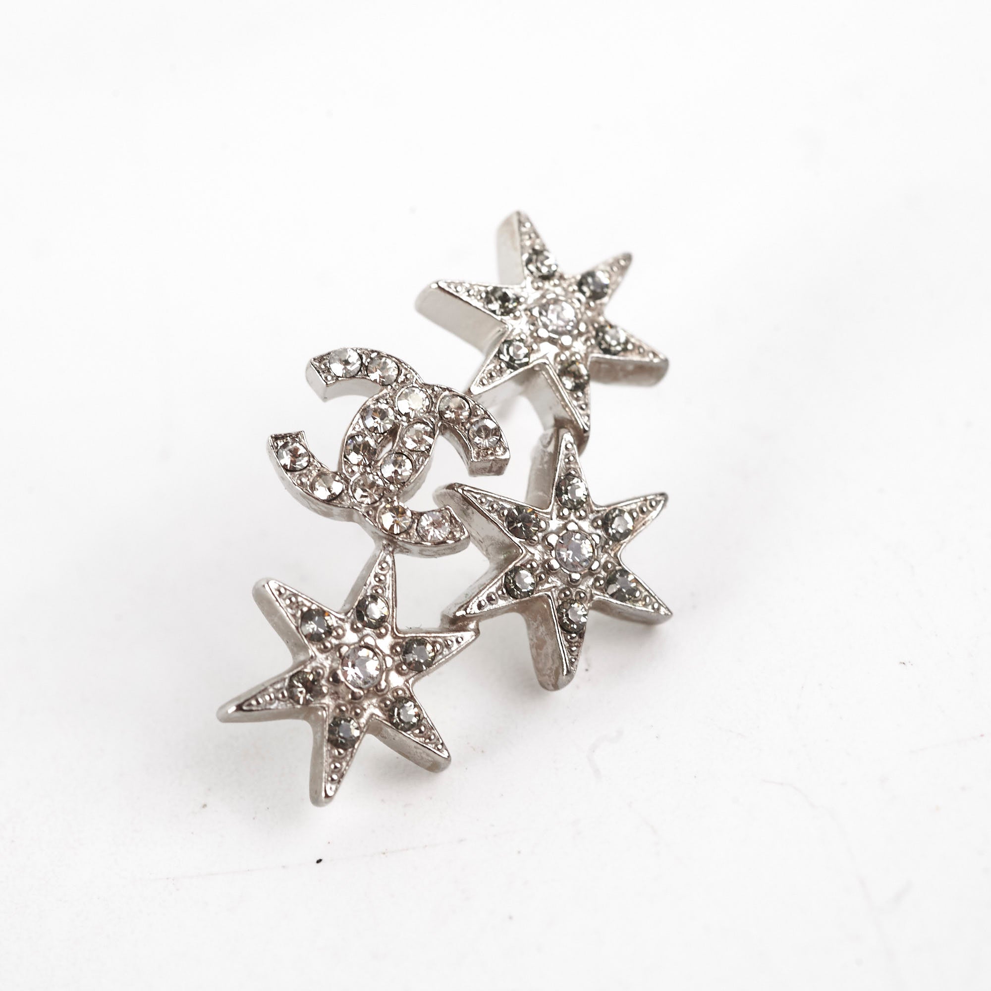 Chanel Star Logo Rhinestone Silver Earrings - Fashion Costume Jewelry for Women - Perfect for Parties, Weddings & Evening Events