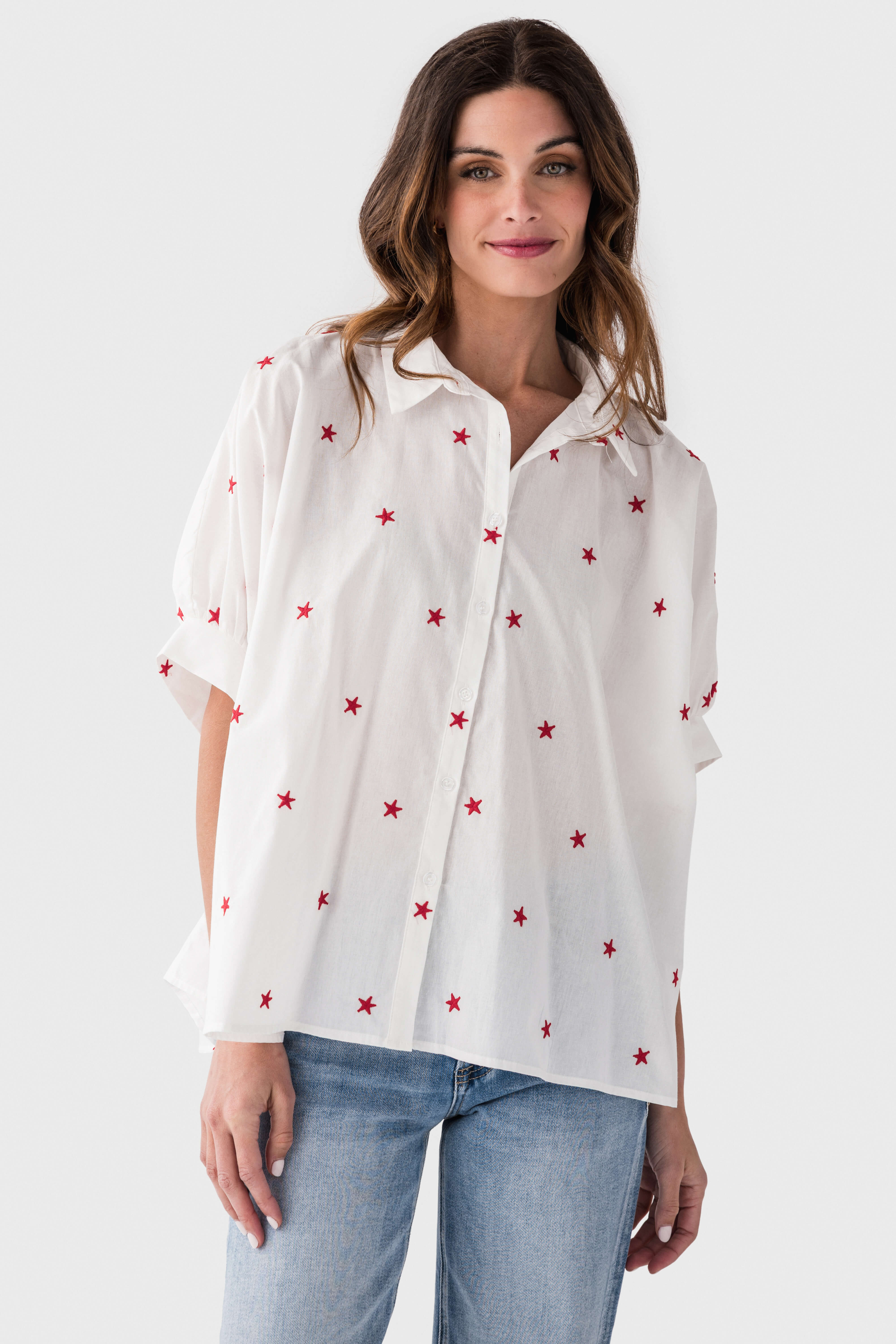 Day + Moon Star Embroidered Button Down Shirt for Women | Boho Chic Blouse for Casual Wear & Date Nights