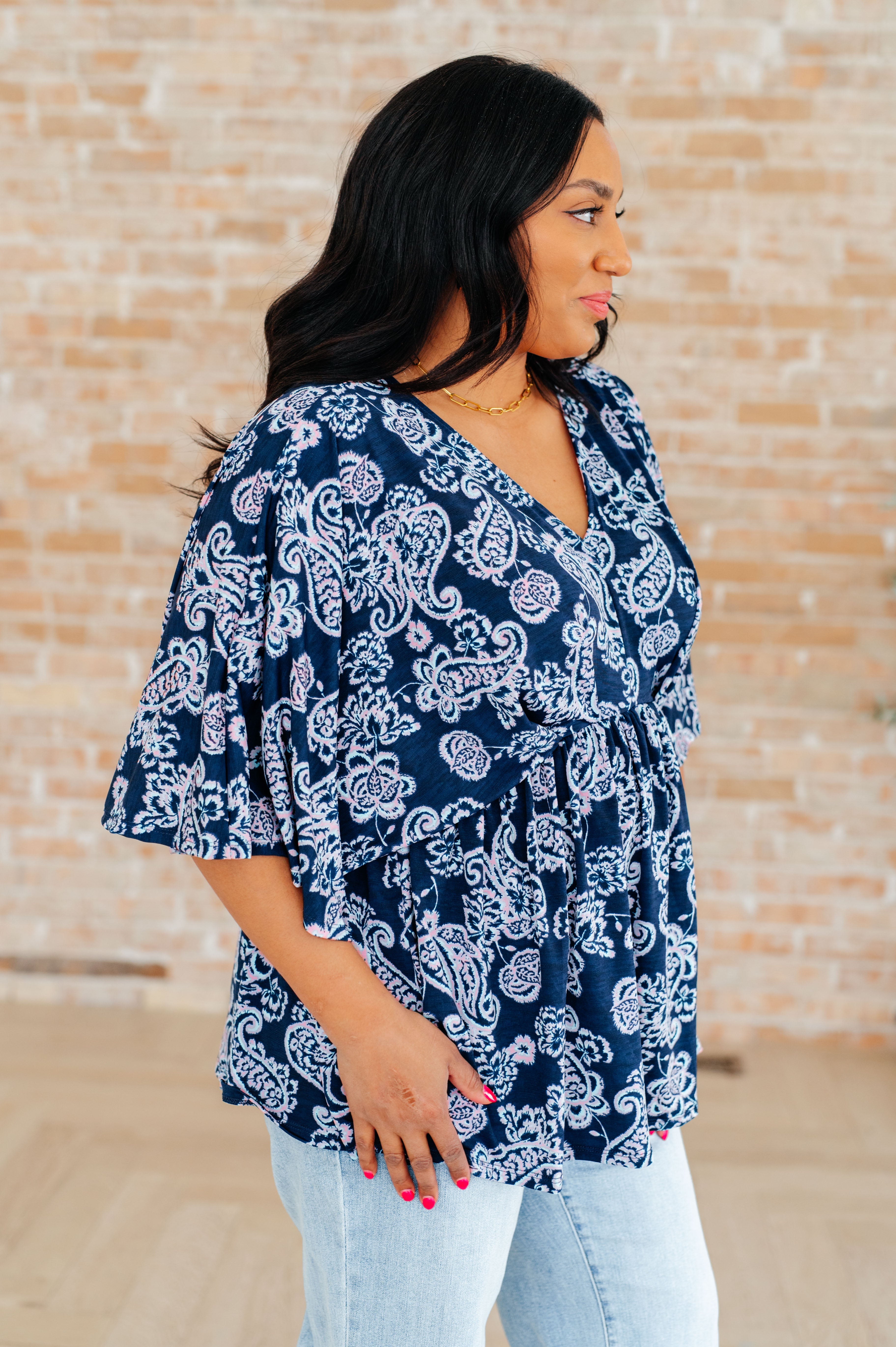 Dear Scarlett Navy and Pink Paisley Dreamer Peplum Top - Women's Floral Print Blouse for Casual Wear, Date Night & Office Outfits