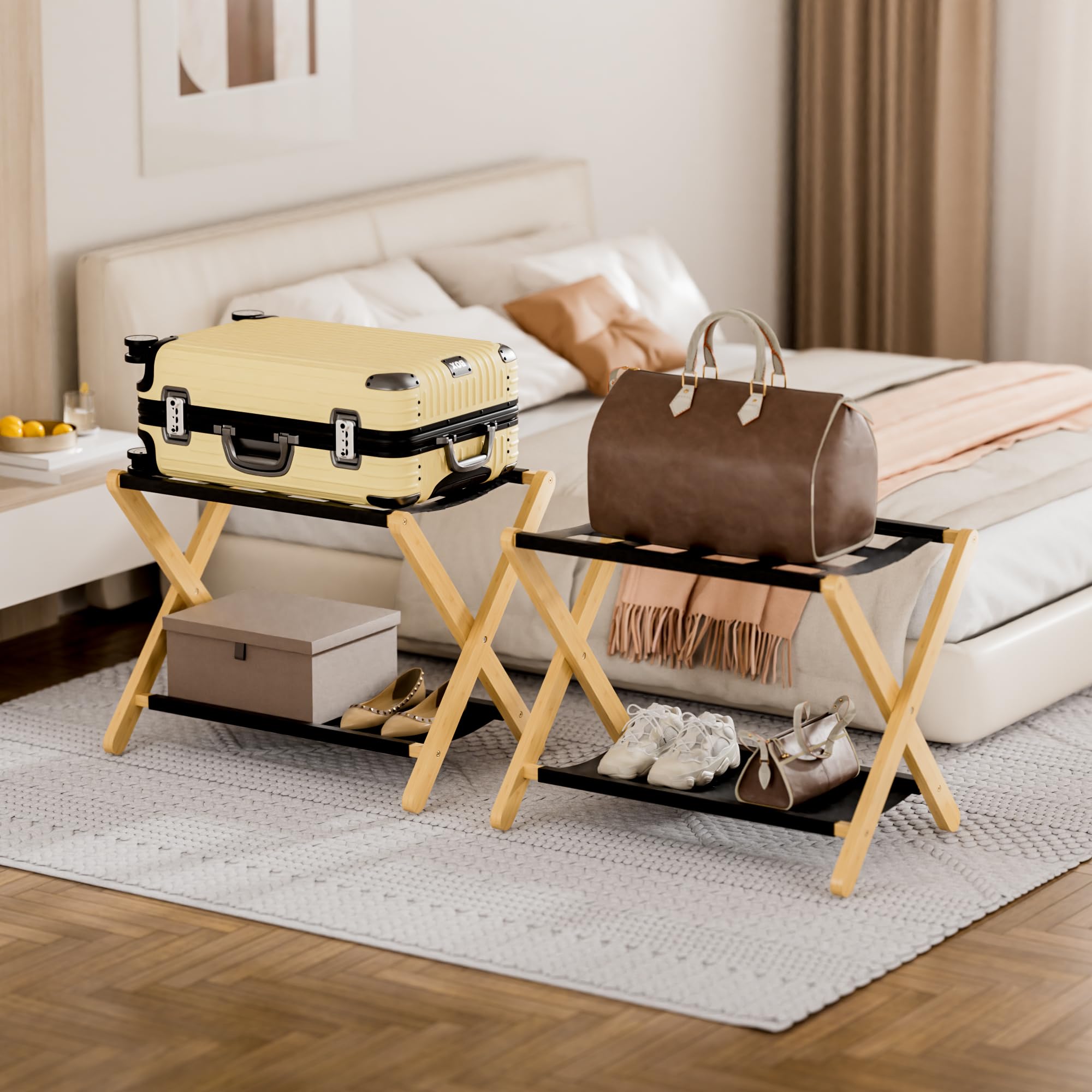 HITNET Bamboo Luggage Rack with Storage Shelf - Foldable Suitcase Stand for Guest Rooms & Hotels - Space Saving Natural Wood Luggage Holder for Bedroom, Closet & Travel Storage
