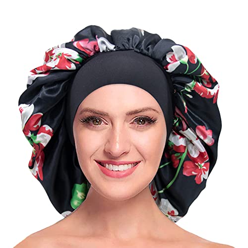 Silky Satin Bonnet for Women - Wide Band Large Hair Wrap for Sleeping, Curly & Natural Hair Protection - Double Layer Design with Black Flowers - Perfect for Nighttime Hair Care & Travel