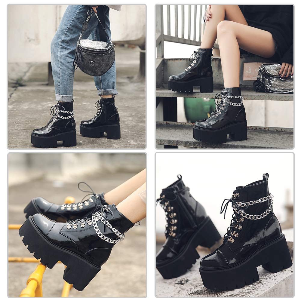 CYNLLIO Women's Fashion Block Heel Platform Ankle Boots - Studded Lace-Up Motorcycle Combat Boots with Mid Calf Height | Perfect for Casual Outfits, Night Out & Biker Style