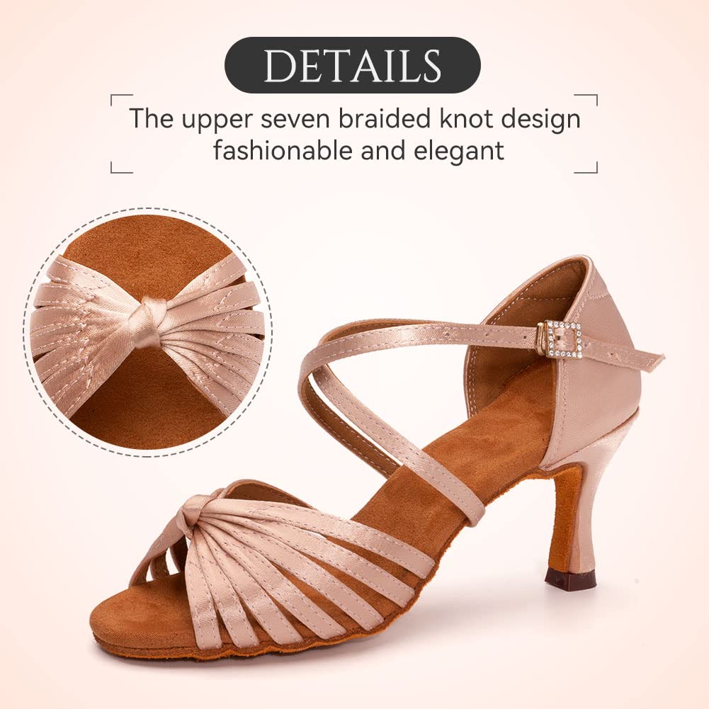 Women's Latin Dance Shoes Satin Professional Ballroom Salsa Practice Performance Dance Heels - Model EM1219 for Competition, Social Dancing & Wedding Events