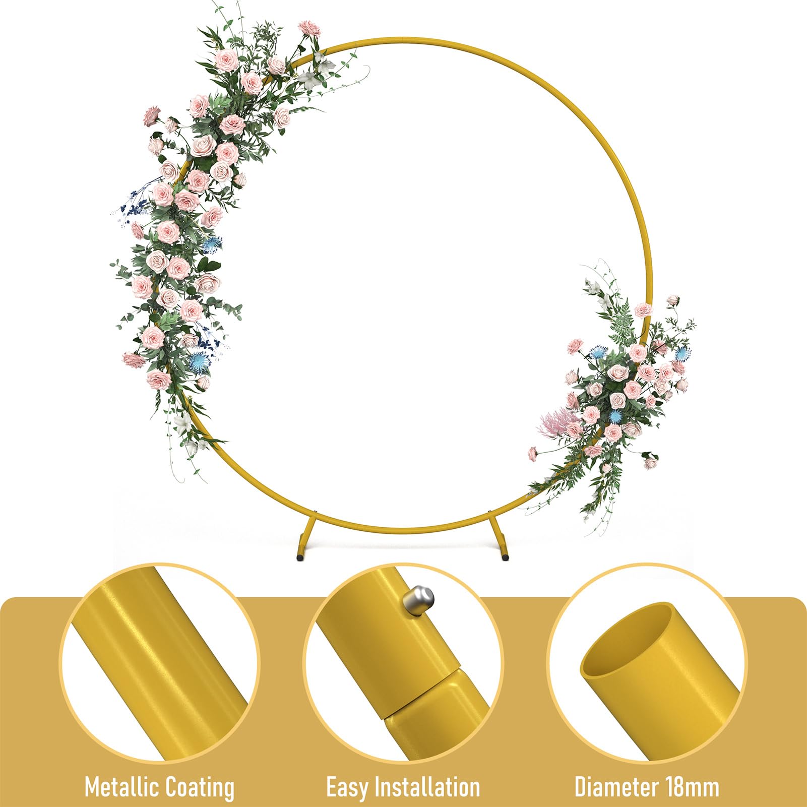 7.2FT Gold Round Balloon Arch Stand for Wedding, Party, Anniversary, Baby Birthday - Decorative Metal Circle Backdrop Stand (Gold, 7.2ft) - Perfect for Indoor/Outdoor Events, Photo Booths & Party Decorations