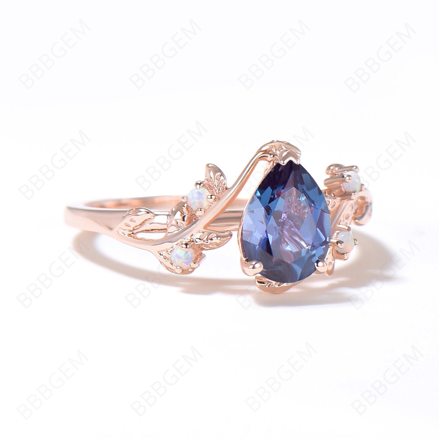 14K Rose Gold Pear Shaped Alexandrite Engagement Ring with Twig Leaf Design & Opal Accents - June Birthstone Jewelry for Proposal, Anniversary & Special Occasions