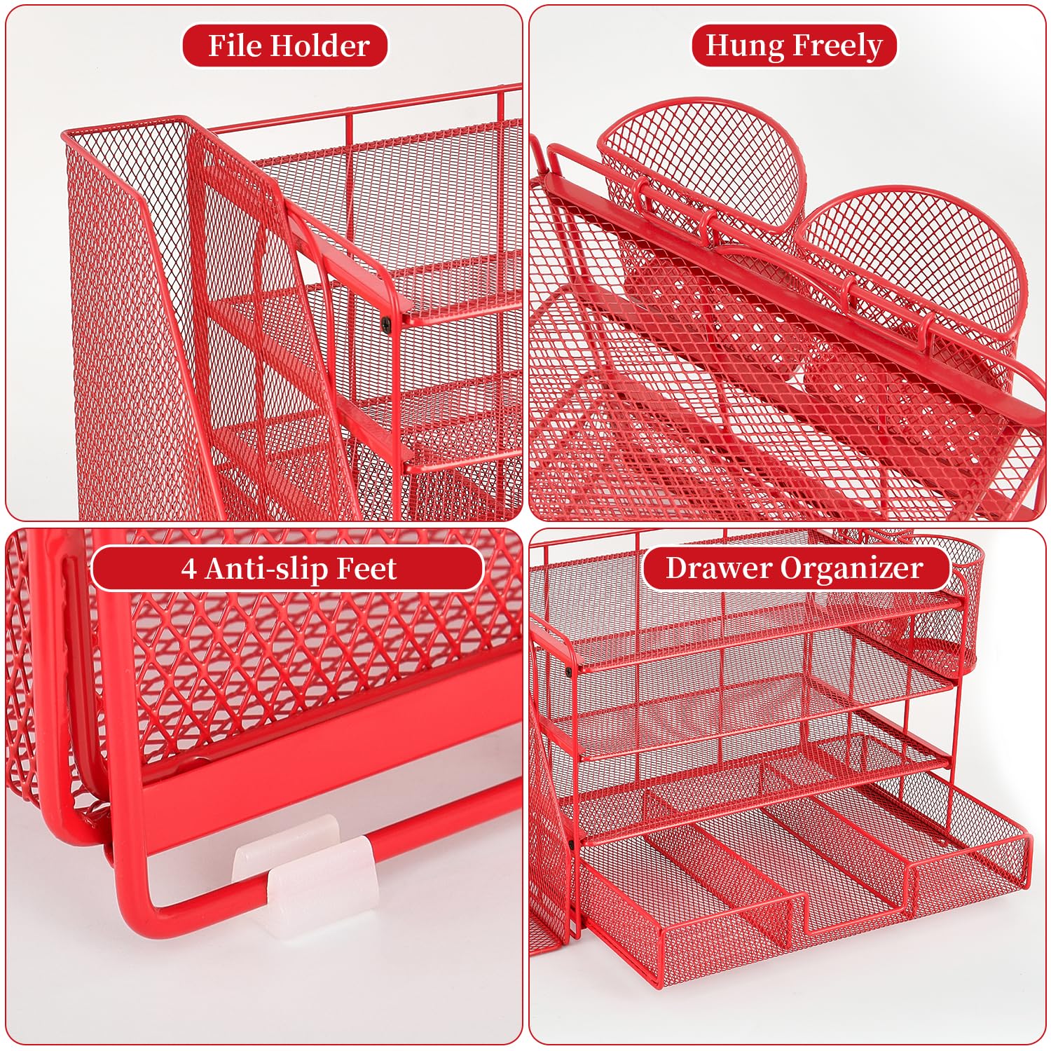 4-Tier Paper Letter Tray Organizer with File Holder & Drawer - Desk Accessories for Office Supplies, Workspace Organizer with 2 Pen Holders - Perfect for Home Office, School, and Workspace Organization (Red)